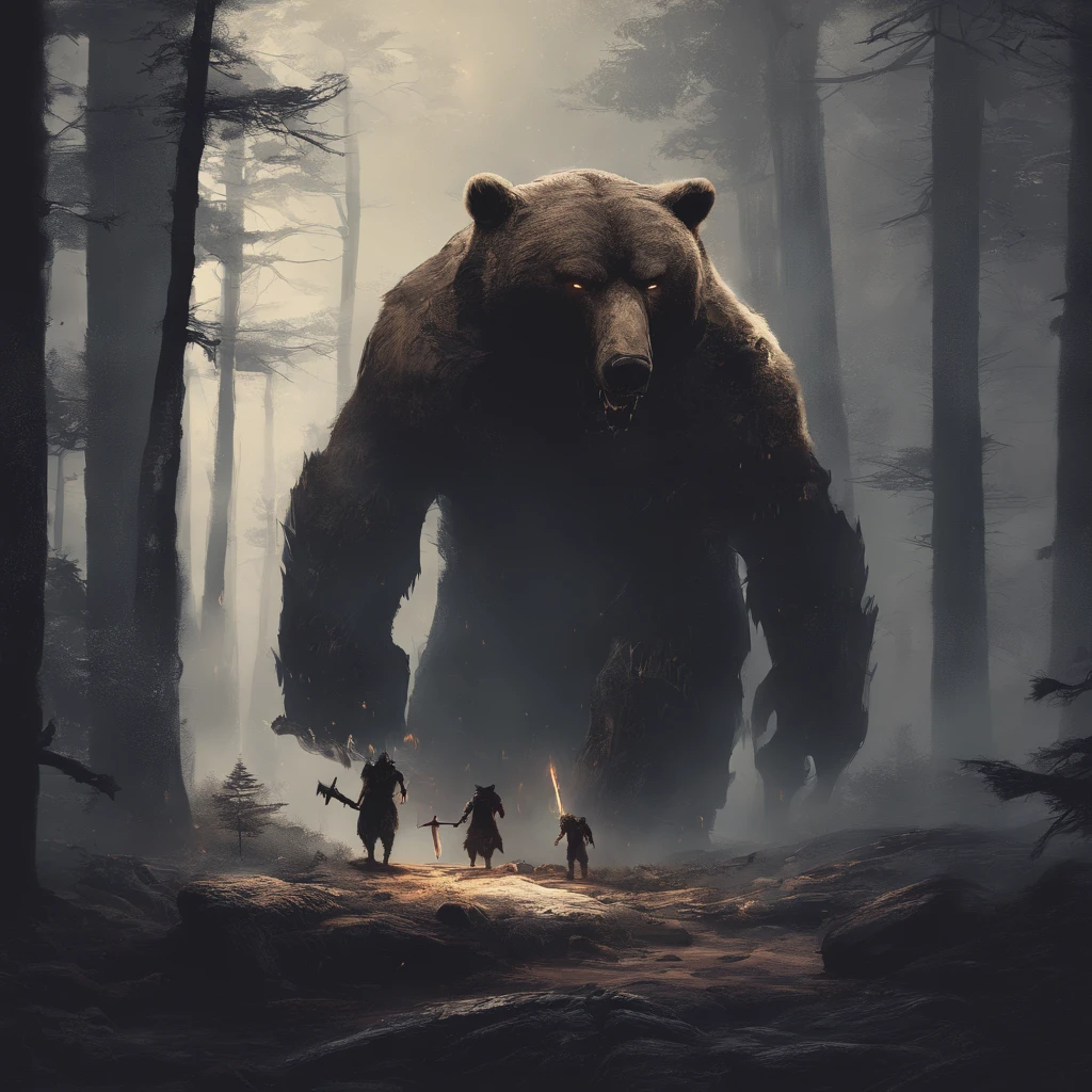 berserkers wearing bear skins in a forest. Mysterious and mystical atmosphere.