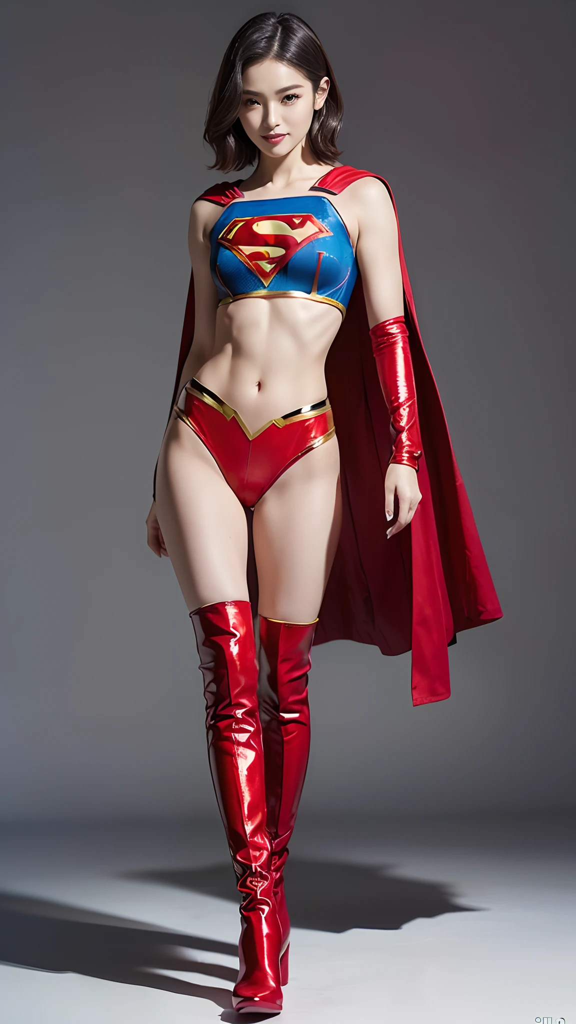 (((Wear black tights on your beautiful legs.)))、(((defeated)))、(((facial expression of smile)))、((((Make the most of the original image)))、(((Supergirl Costume)))、(((shiny short hair)))、(((Suffering)))、(((Feet must necessarily be worn with black tights)))、(((You need to wear red boots)))、((Top image quality、8K))、((top-quality、8K、​masterpiece:1.3))、(((Keep your background simple)))、Crisp focus:1.2、Beautiful woman with perfect body shape:1.4、Slender Abs:1.2、a wet body:1.5、Highly detailed facial and skin texture、