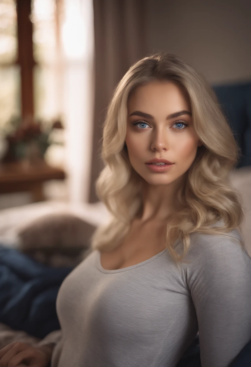 Arafed woman in full , Sexy girl with blue eyes, ultra realistis, Meticulous detail, portrait sophie mudd, blonde hair and large eyes, selfie of a young woman, bedroom eyes, violet myers, no makeup, natural makeup, looking straight at camera, face with artgram, fine makeup, Stunning full-length shot, kneeling on the bed, in bedroom, Medium and Large Size Mixed Race Bust