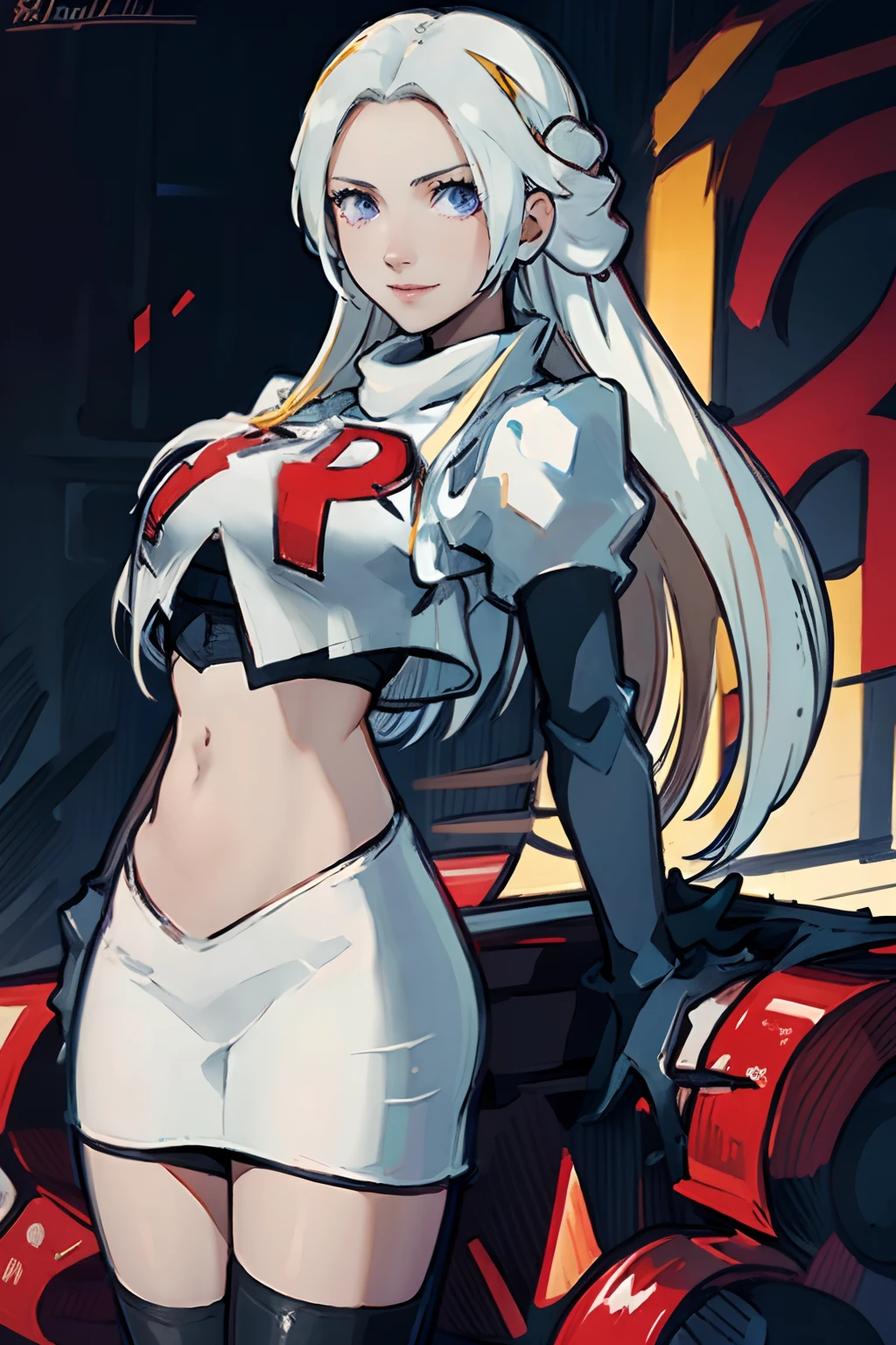 face of edelgard_academy,1girl,team rocket,team rocket uniform, red letter R, white skirt,white crop top,black thigh-highs,black elbow gloves, evil smile