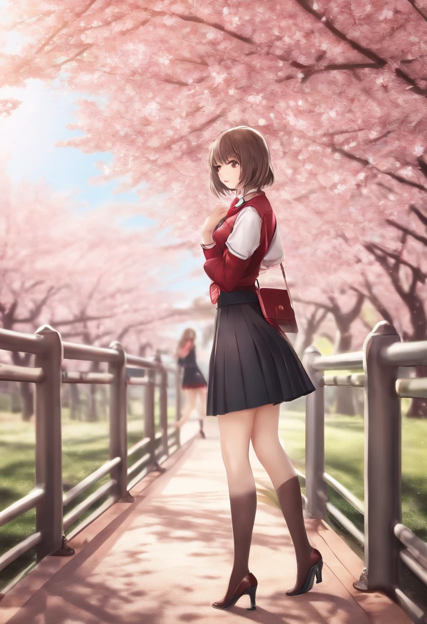 masterpiece, best quality,4girl,young girl, plum_pie eyes, brown, choppy bob,envious _face,shiny skin,medium breasts,nice leg line:1.3,thick thighs, thin waist,school uniform, thighhighs,necktie,((pencil skirt)),red color high heels, pantyhose, , Pathway_lined_with_blooming_cherry_blossom_trees,,looking at viewer,from below,full body, legsupsexms,