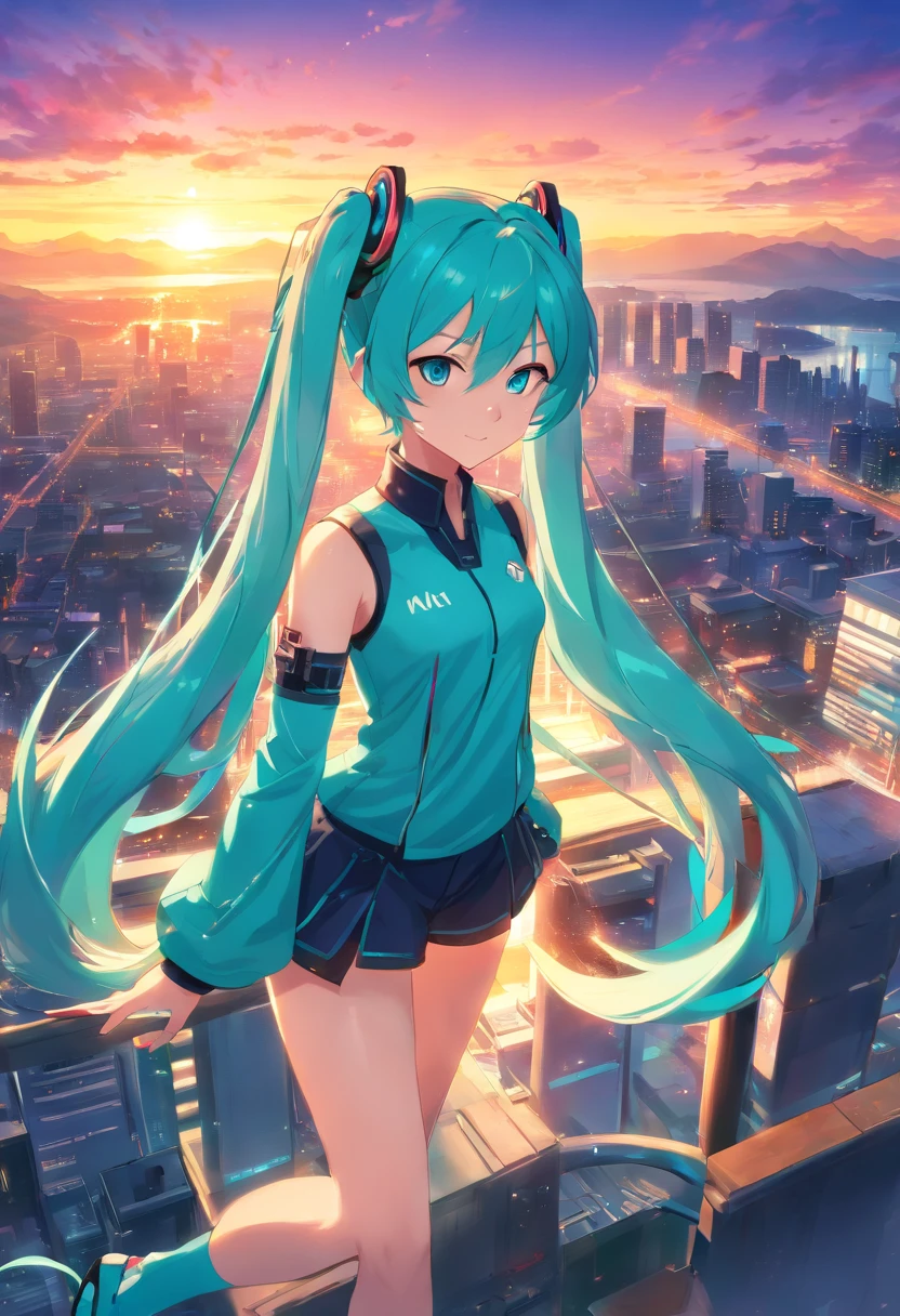 miku hatsune　animesque　charicature　Vocaloid　masutepiece, Best Quality, Sunset, skyporn, Hilltop, steam, game_nffsw, scienc_fiction, Kaiju, orcs, Double_Bun, Shiny hair, multicolored hair, Slit pupils ,electron　Night city