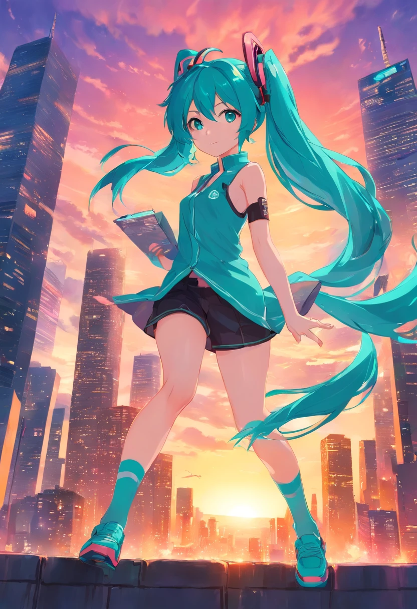 miku hatsune animesque charicature Vocaloid masutepiece, Best Quality, Sunset, skyporn, Hilltop, steam, game_nffsw, scienc_fiction, Kaiju, orcs, Double_Bun, Shiny hair, multicolored hair, Slit pupils ,electron Night city