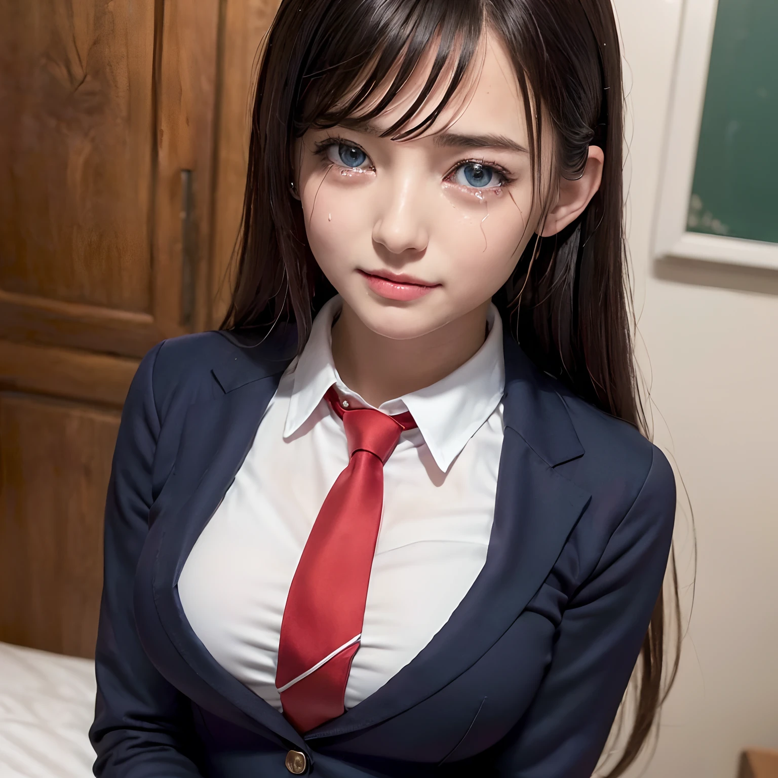 ((8K, top-quality, masterpiece, 超A high resolution, Photorealsitic:1.5)), Perfect dynamic composition, Highly detailed finger and eye and face textures:1.3, 1girl in, cute sexy high schoolgirl, In the school, tilt the neck, (I'm crying because I'm glad to see you:1.3), Fair skin, (High school girl blazer uniform with red tie:1.4), (Beautiful blue eyes, Eyes that feel beautiful eros:1,3), ((I like you furiously:1.55, Crying with joy:1.3)), (Sexy face:1.3, red blush:1.3), (A mouthfeel that feels beautiful eros:1.35, Duck mouth), (Open valley:1.1, Well-shaped big), (((Too erotic)))
