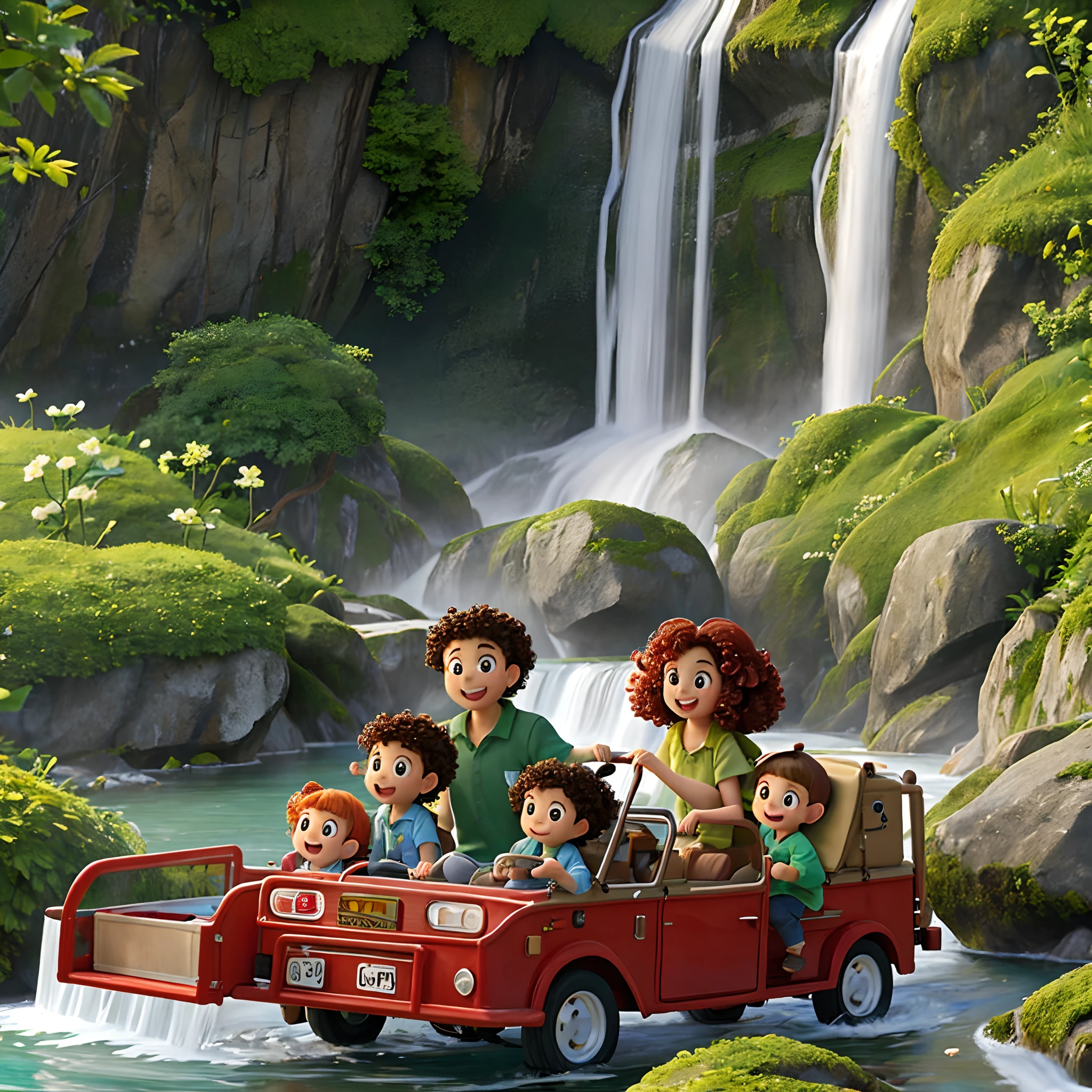 Green 2006 kombihome with a couple and two 2-year-old children with curly hair enjoying a waterfall.