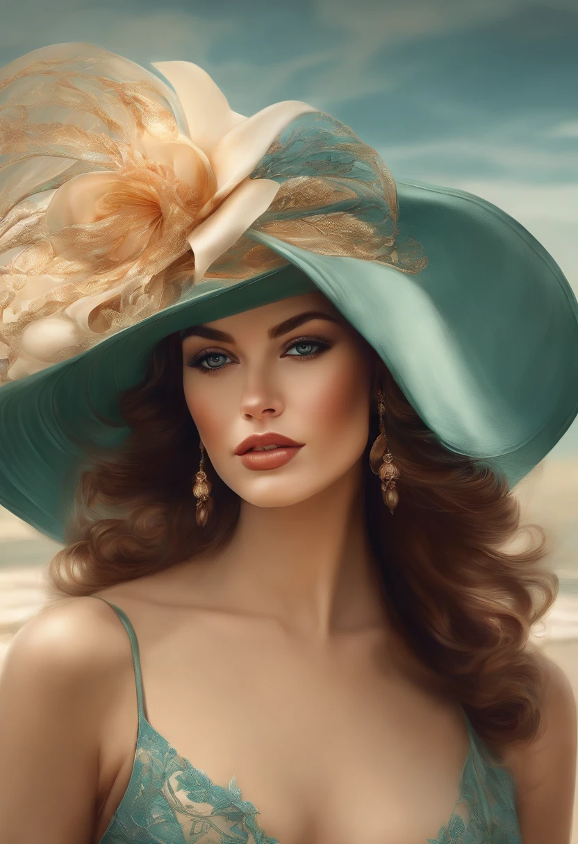 painting of a woman with a hat and dress on a beach, karol bak uhd, anna dittmann alberto vargas, inspired by Vincent Lefevre, exquisite digital illustration, renaissance digital painting, hyperrealistic art nouveau, artgerm and james jean, flowing realistic fabric, in a style blend of botticelli, glossy digital painting, gorgeous digital painting