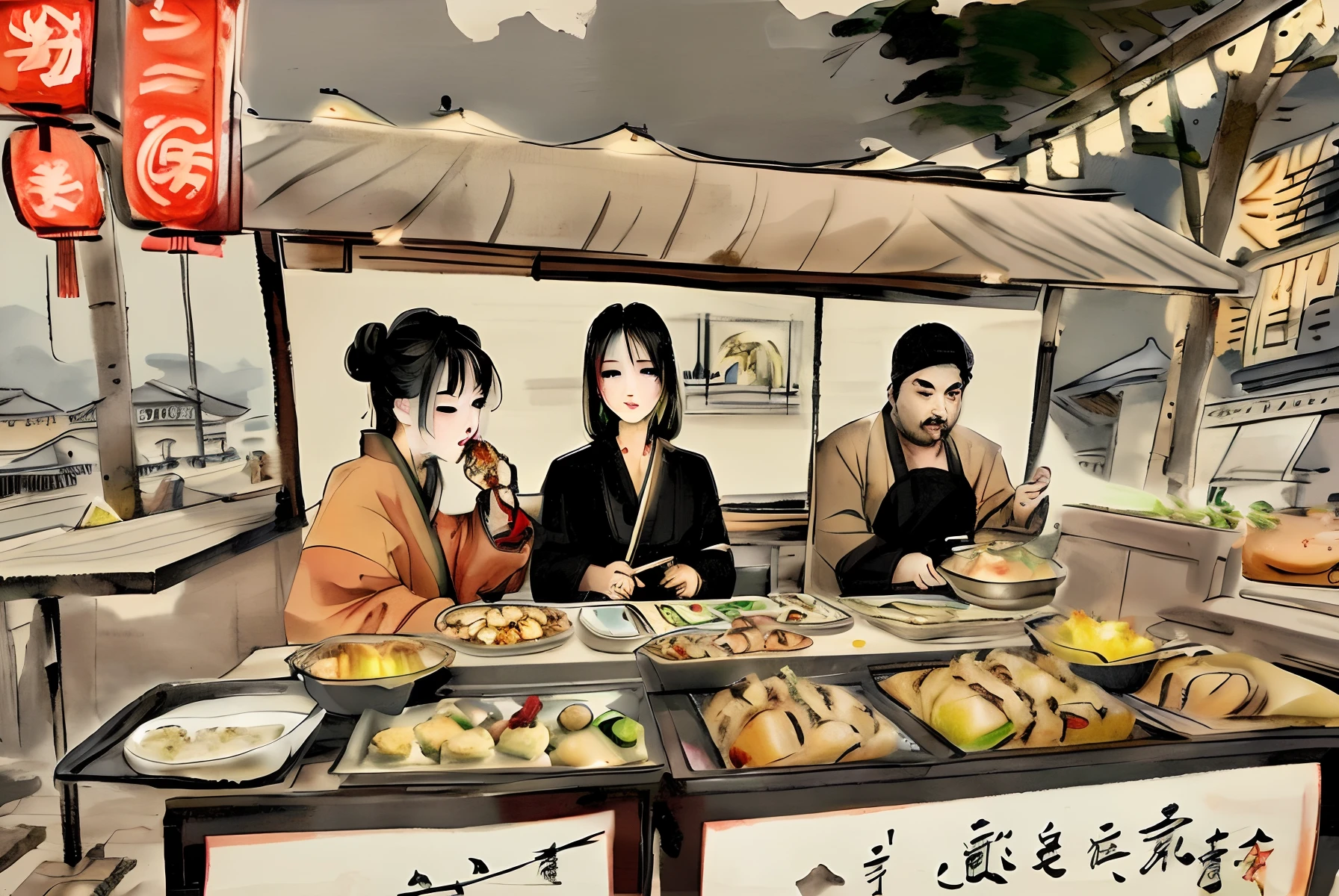 Chinese cuisine，People who eat good food，high street，roadside stall，natta，full of lights，food stall，Chinese painting style