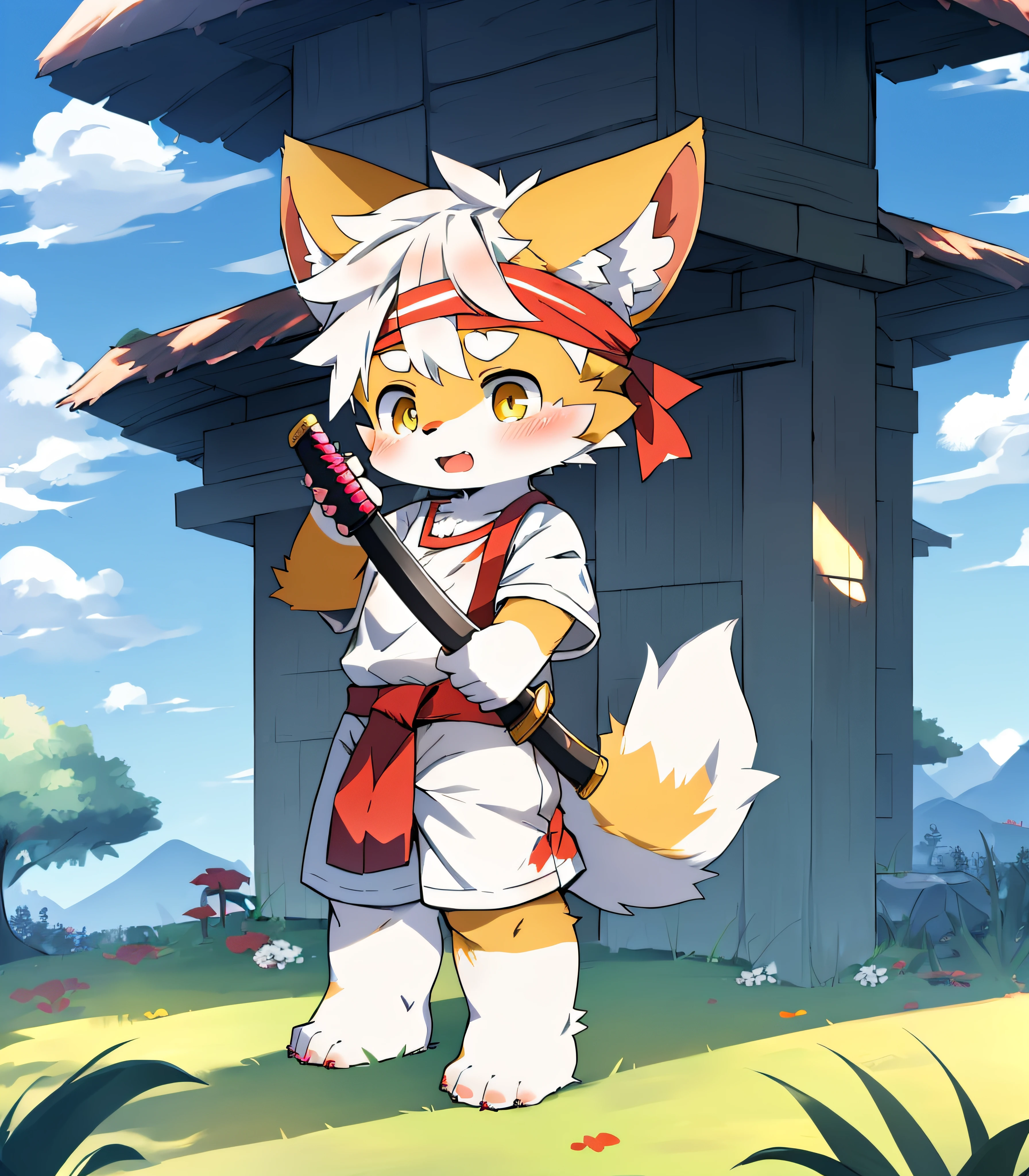 Species: Fox,The little fox,Fox Boy,Fox little boy,Colorful fur,Sharp ears,Colorful fur,Colorful skin,Beast too,Orc little boy,grassy fields,lawns,standing on your feet,Attention,blue-sky,shaggy,shaggy,Colorful fur,Colorful fur,Colorful fur,Colorful fur,male people,canid,adolable,adolable,adolable,solo person,Colorful fur,Golden eyes,Thick eyebrows,Fluffy tail,white short sleeve,short white pants,ultra - detailed:1.0,Libido boy,toddlers,toddlers,toddlers,Children,children's,Gamine,Beast too,Beast too,Beast too,adolable,adolable,younge boy(Via Dagasi:1.1),anatomy correct,Barefoot paws,Barefoot paws,standing on your feet,Attention,bald-headed,bald-headed,balding,balding,Colored paws,Stand on the lawn,standing in grassy field,Stand on the lawn,red waistband,Red headband,Blood,A child with a katana in his hand,A child with a serious expression,Colorful fur