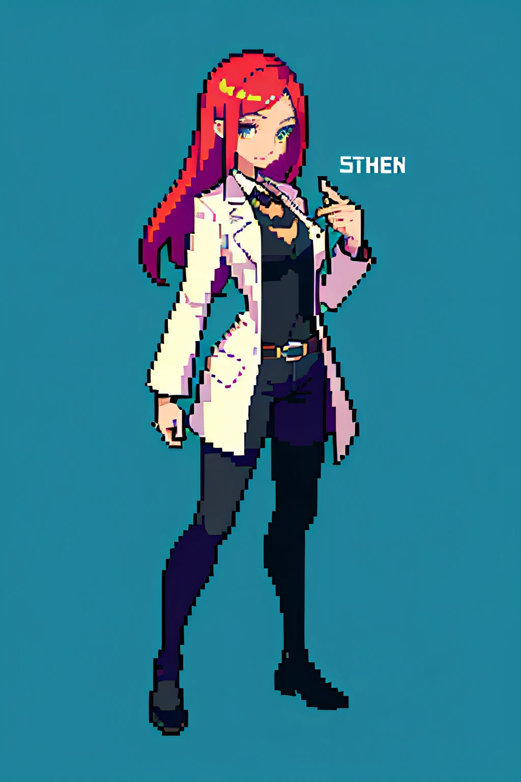 (masterpiece, top quality, best quality, less detail, 8-bit color), pixel,pixel art,1girl,full body, long lab coat, bra on top, short pant, ilde pose, attack pose, standing pose, hand holding bottle in lab