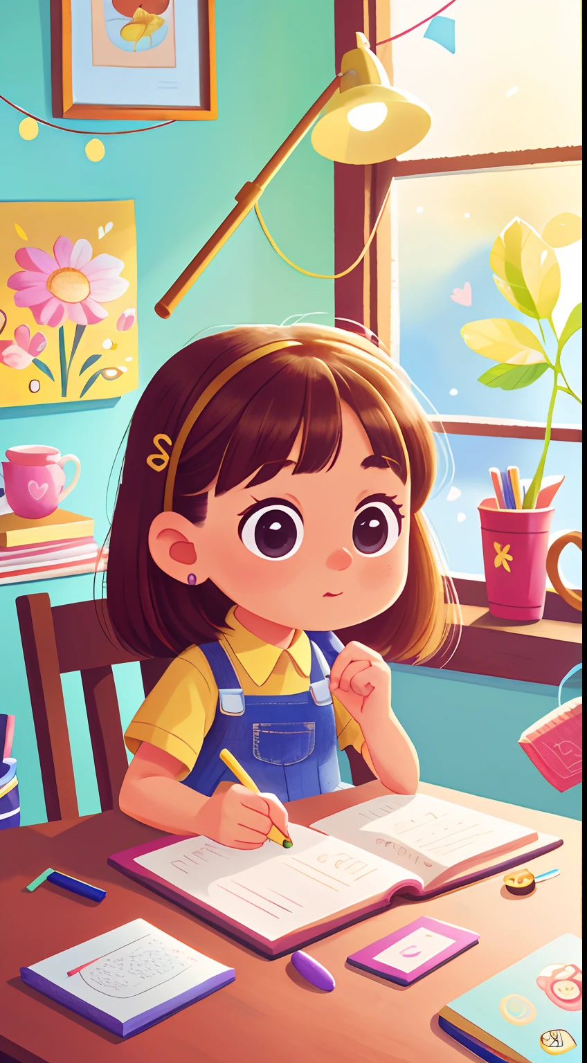 Cute girl writing on table,In the study, Perfect quality, (Masterpiece: 1.2) (Bokeh background) (Best quality) (Detailed skin: 1.3) (Intricate details) (8K) (Detail eyes) (Sharp focus), (cheerfulness), BEST lighting, Pastel color