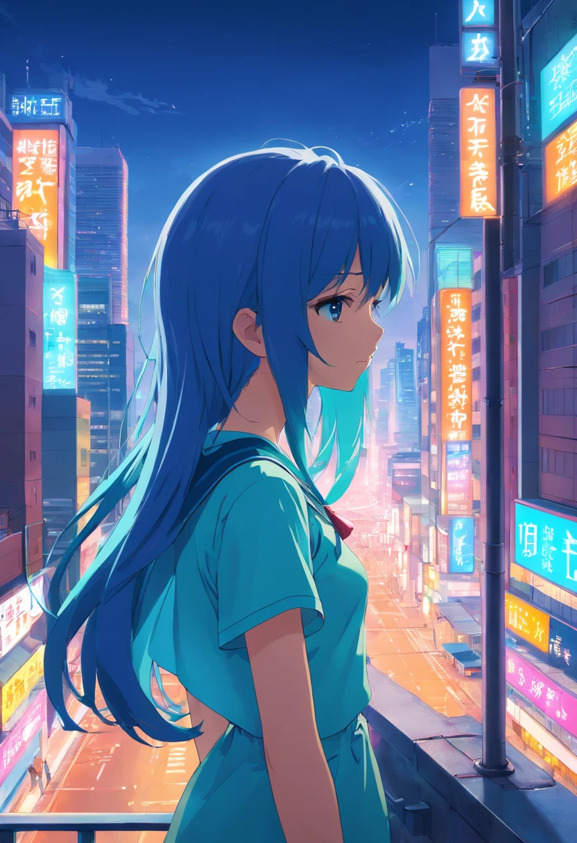 Long blue hair anime girl standing on ledge overlooking neon street, anime style 4 k, ultra hd anime wallpaper, anime wallpaper 4k, anime wallpaper 4 k, 4k anime wallpaper, anime art wallpaper 4k, anime art wallpaper 4k, Anime art wallpaper 8k, Portrait of Hatsune Miku, 4 k manga wallpaper, hatsune miku portrait