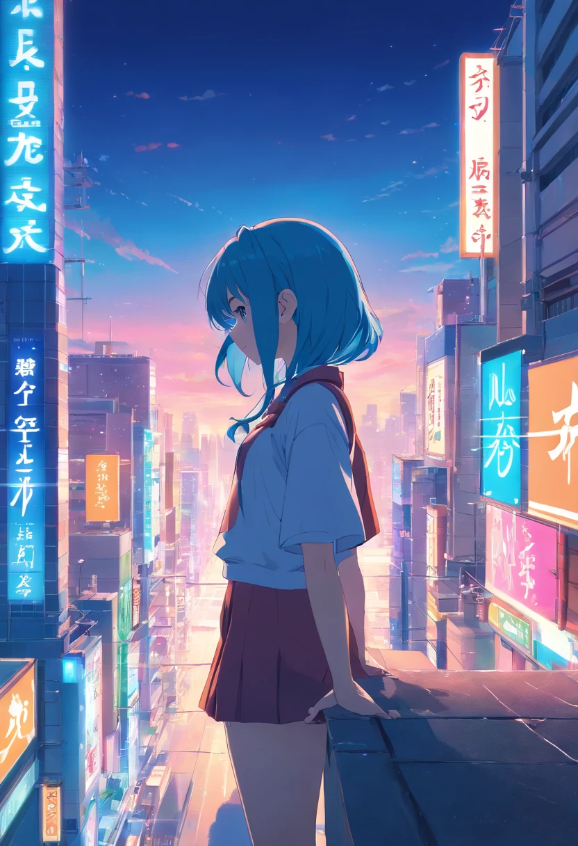 Long blue hair anime girl standing on ledge overlooking neon street, anime style 4 k, ultra hd anime wallpaper, anime wallpaper 4k, anime wallpaper 4 k, 4k anime wallpaper, anime art wallpaper 4k, anime art wallpaper 4k, Anime art wallpaper 8k, Portrait of Hatsune Miku, 4 k manga wallpaper, hatsune miku portrait