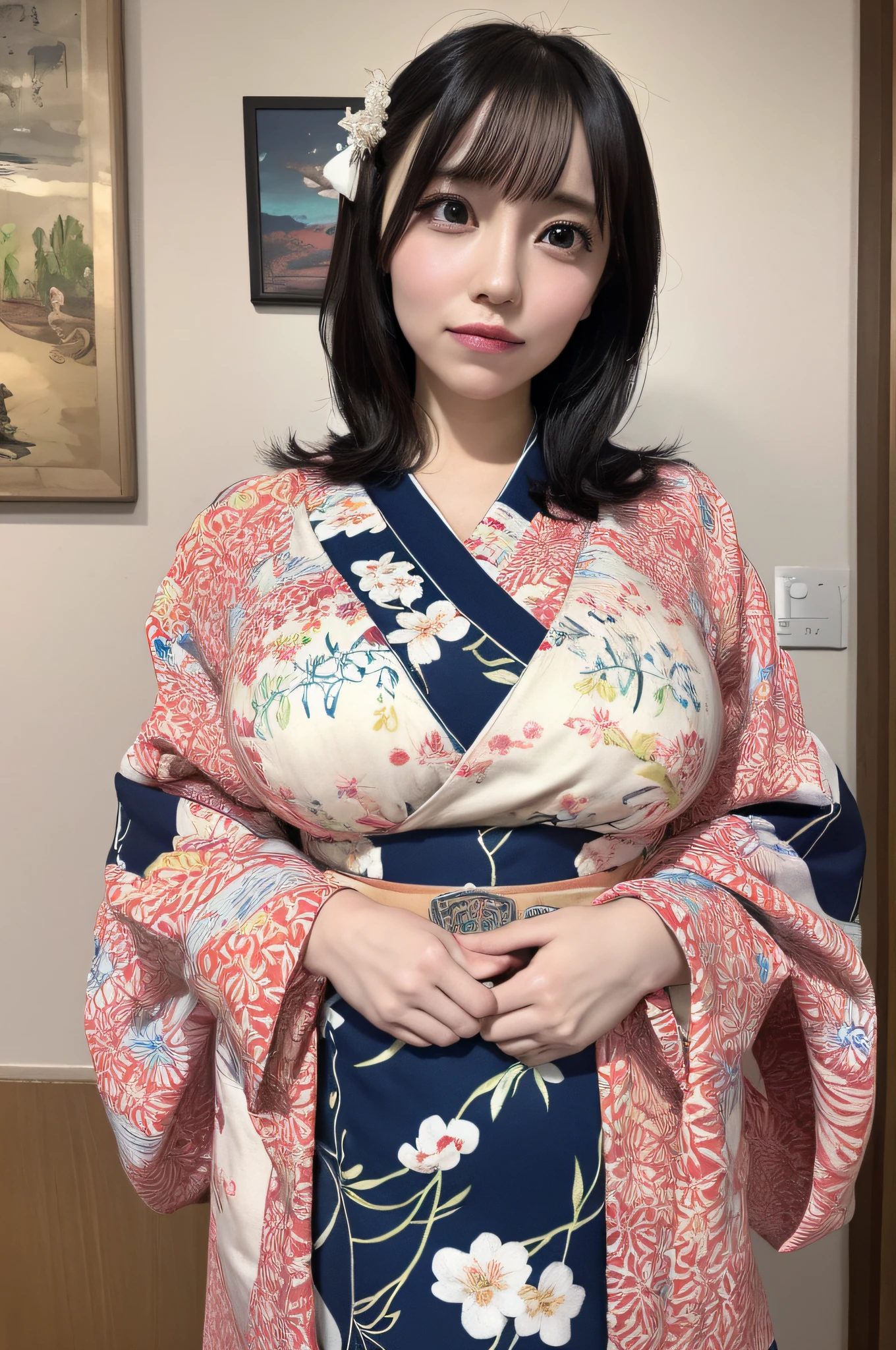 masutepiece, Best Quality, Illustration, Ultra-detailed, finely detail, hight resolution, 8K Wallpaper, Perfect dynamic composition, Beautiful detailed eyes, Kimono,(((Colossal tits)))