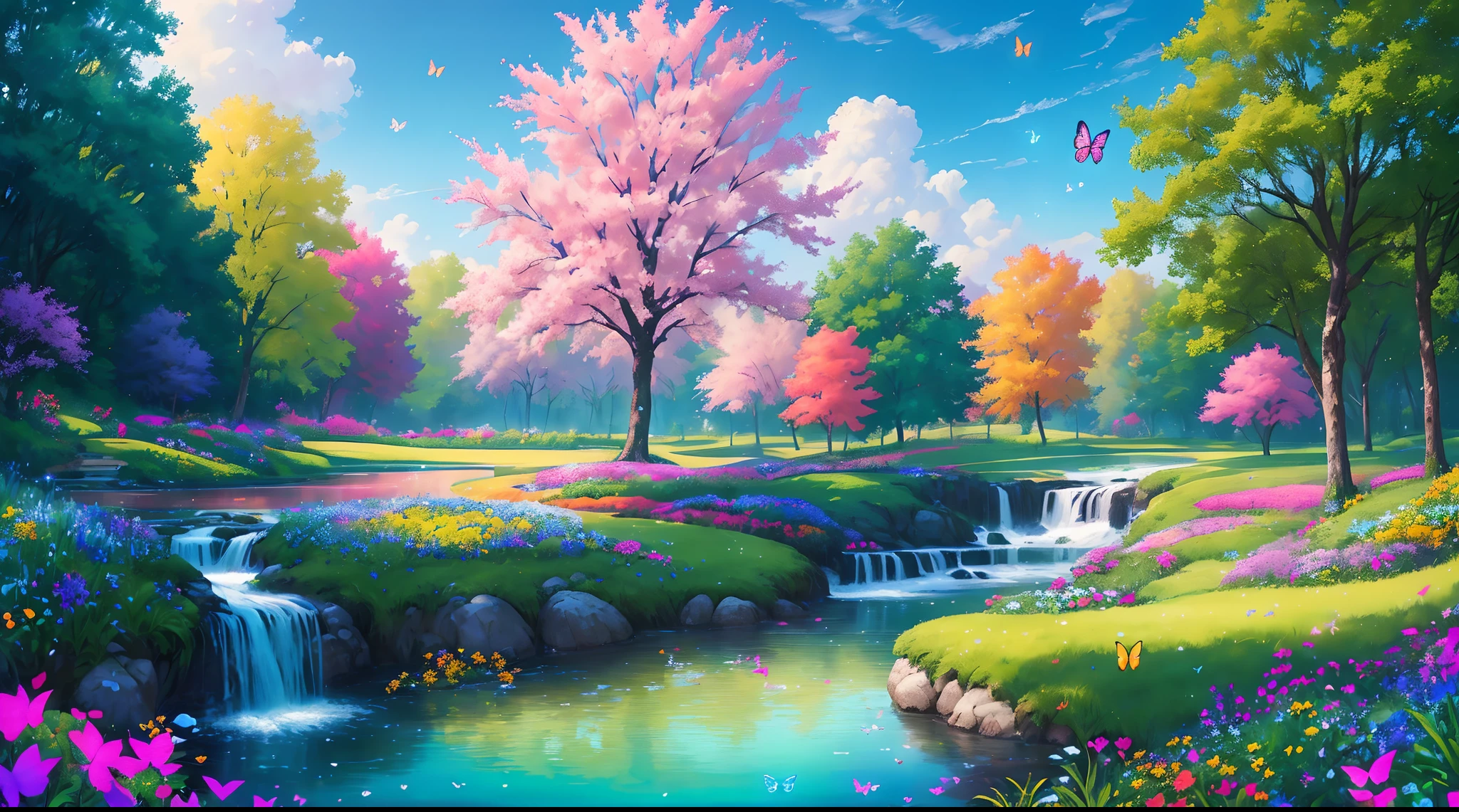 masterpiece, best quality, high quality, extremely detailed cg unity 8k wallpaper, an extremely colorful and purely fantasy environment with vibrant hues and a bright sky, landscape of bright green grass, colorful trees, glittering fruits, and bright blue flowers. the streams are a deep shade of blue, and the air is filled with sweet exotic scents. the environment appears to be taken out of a dream, with luminescent butterflies and giant colorful birds flying around, award winning photography, bokeh, depth of field, hdr, bloom, chromatic aberration ,photorealistic,extremely detailed, trending on artstation, trending on cgsociety, intricate, high detail, dramatic, art by midjourney
