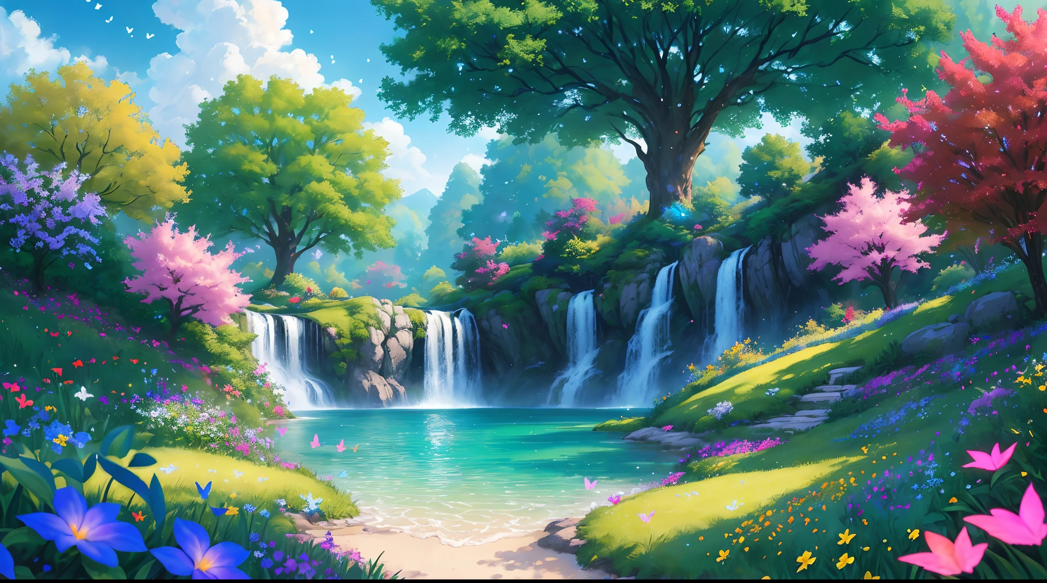 masterpiece, best quality, high quality, extremely detailed cg unity 8k wallpaper, an extremely colorful and purely fantasy environment with vibrant hues and a bright sky, landscape of bright green grass, colorful trees, glittering fruits, and bright blue flowers. the streams are a deep shade of blue, and the air is filled with sweet exotic scents. the environment appears to be taken out of a dream, with luminescent butterflies and giant colorful birds flying around, award winning photography, bokeh, depth of field, hdr, bloom, chromatic aberration ,photorealistic,extremely detailed, trending on artstation, trending on cgsociety, intricate, high detail, dramatic, art by midjourney