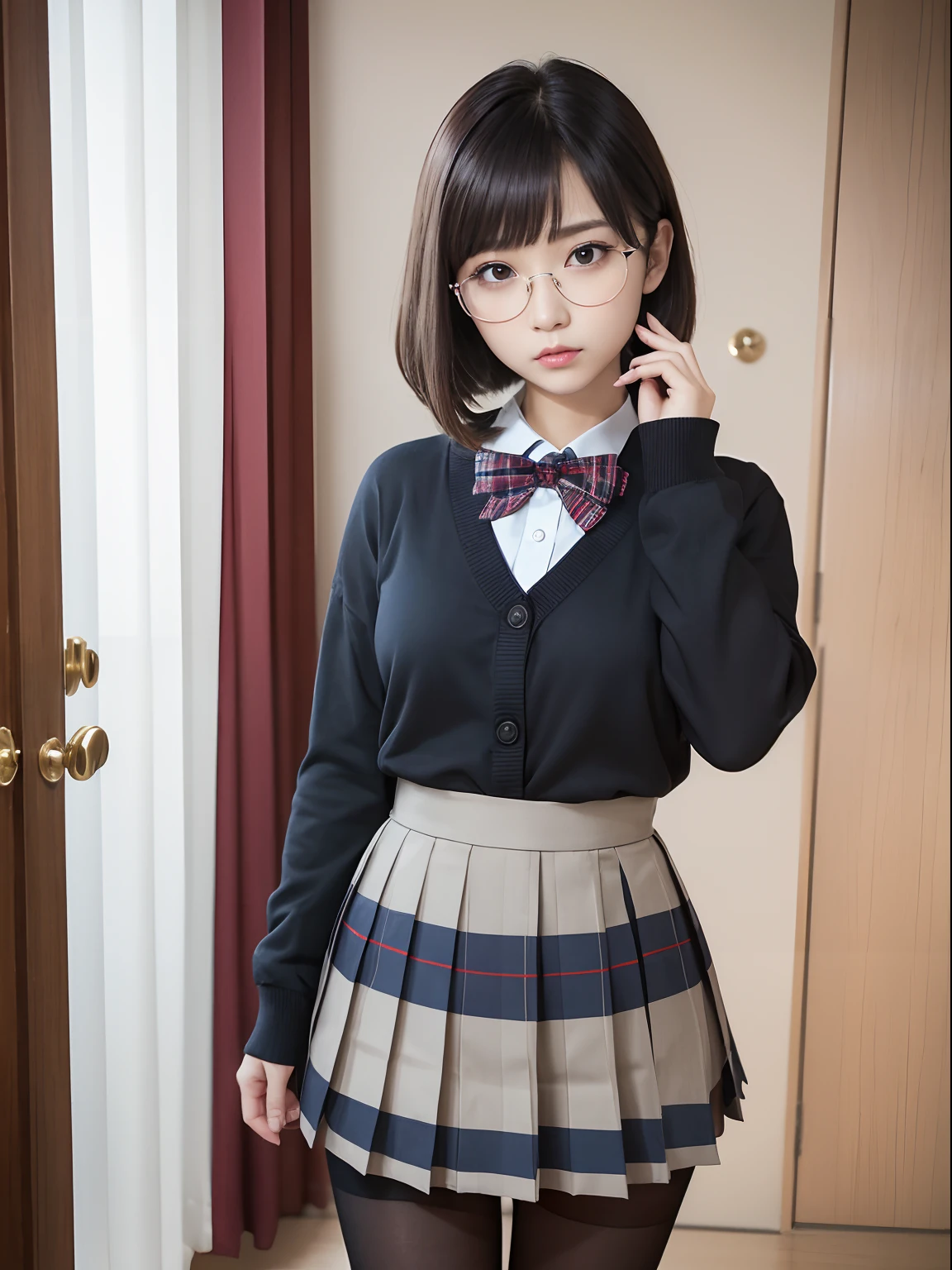 (Long bob cut)、(Underwear is visible)、((Narrow-eyed))、((Narrow-eyed))、((Narrow-eyed))、(8K、Raw photography、top-quality、masterpiece:1.2),((small tits))、((small tits))、((small tits))、((small tits))、((small tits))、((A-cup))、((A-cup))、((A-cup))、((A-cup))、((A-cup))、Has a small、(flat breast)、(flat breast)、(flat breast)、(flat breast)、(flat breast)、(being thin)、light skinned、skin whitening、Dark look、Rasping,glamor,Chromo-white skin,cocky,School,watching at viewers,Looking at the front,Muchimuchi,High-pitched clothing,Erotic,Pupils,de pele branca,kne,((Black pantyhose)),absurderes,a small face,,Forehead visible,Bangs hanging from the left and right sides of the forehead,(a cold expression,Tight eyes,glares,Bullish,irate)、masterpiece,top-quality、超A high resolution,Raw photo,ren,Beautiful fece,One Person, 独奏,eye glass,,Dark look,Small breasts,fullllbody,Round glasses,JK school uniform,hi-school girl,A Japanese Lady,is standing,(Photorealsitic:1.37)、Photon mapping,Realistic、Beautie,Cute little face,Brown-eyed、Black socks、(Red bow tie)、Radio City、Physically Based Rendering、depth of fields、Blurry background、a picture,Body,beauty legs, Long legs, Thin leg,(Bangs are visible), hair, s lips, Blue_The eye, nosesoft,(Light blue shirt), (Navy and blue and white plaid pleated skirt), Knees are visible,Sheer clothing,, Thigh, Black cotton socks,Nogizaka Idol, 女優, Japanese ido