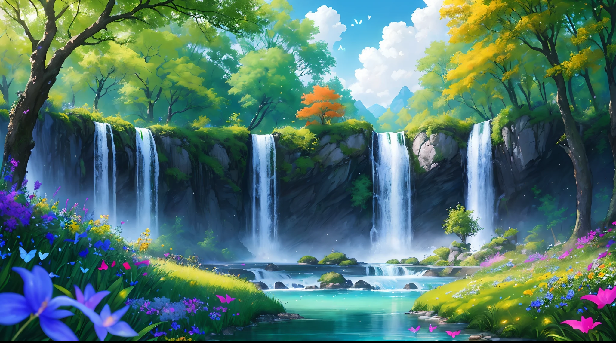 masterpiece, best quality, high quality, extremely detailed cg unity 8k wallpaper, an extremely colorful and purely fantasy environment with vibrant hues and a bright sky, landscape of bright green grass, colorful trees, glittering fruits, and bright blue flowers. the streams are a deep shade of blue, and the air is filled with sweet exotic scents. the environment appears to be taken out of a dream, with luminescent butterflies and giant colorful birds flying around, award winning photography, bokeh, depth of field, hdr, bloom, chromatic aberration ,photorealistic,extremely detailed, trending on artstation, trending on cgsociety, intricate, high detail, dramatic, art by midjourney