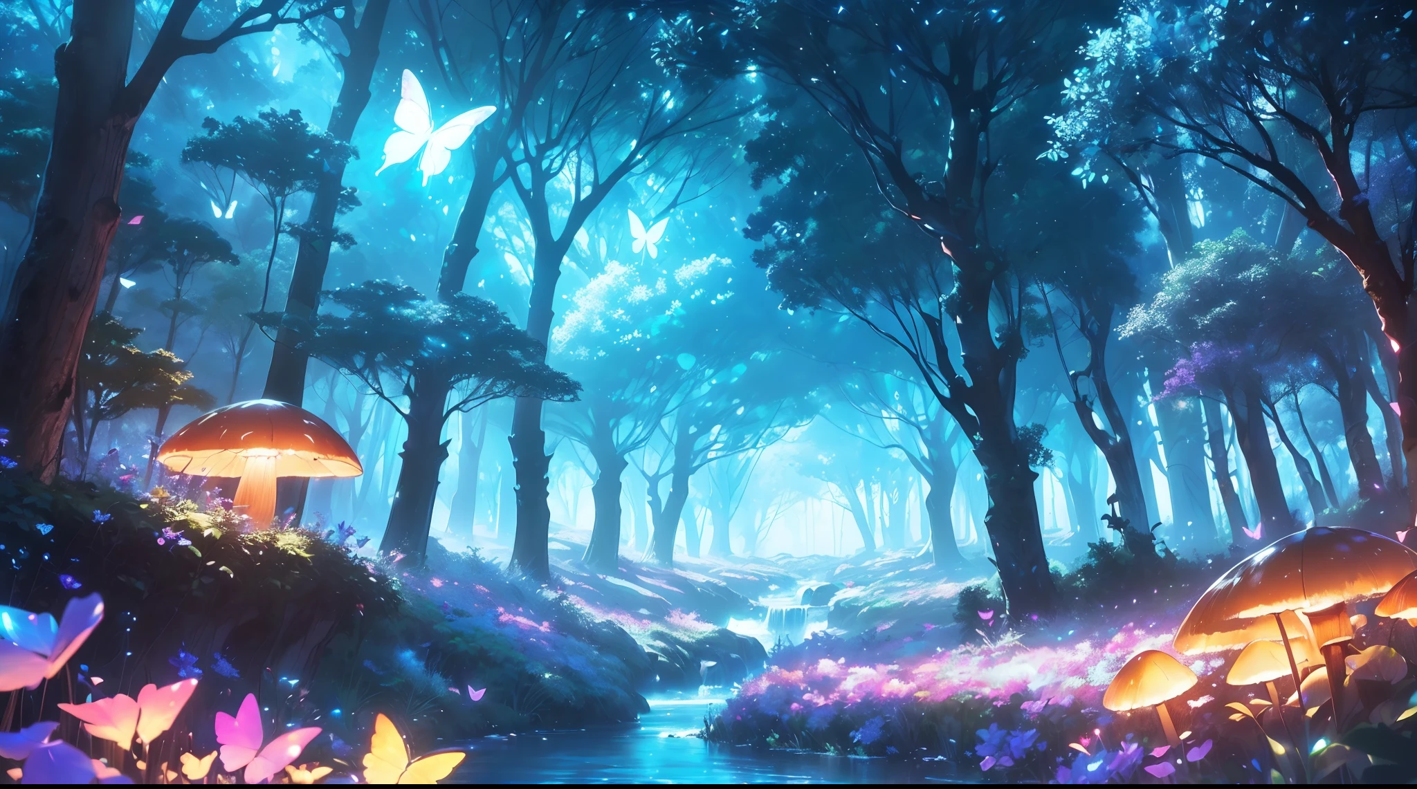 Enchanted mystical forest, neon-colored butterflies, pure blue water river spring, golden mini fairies, glowing mushrooms releasing pollen, extremely beautiful landscape, (ultra-realistic), {extremely detailed 8k CG unit wallpaper}, expansive landscape photography, (a low view that prioritizes the entire scene, (wide open field view), (low angle shot), (high light: 1.5), (low light: 1.0), (warm light source: 1.0), complex details, (iridescent colors: 1.5), (bright lighting), (atmospheric lighting), nature, magical, landscape