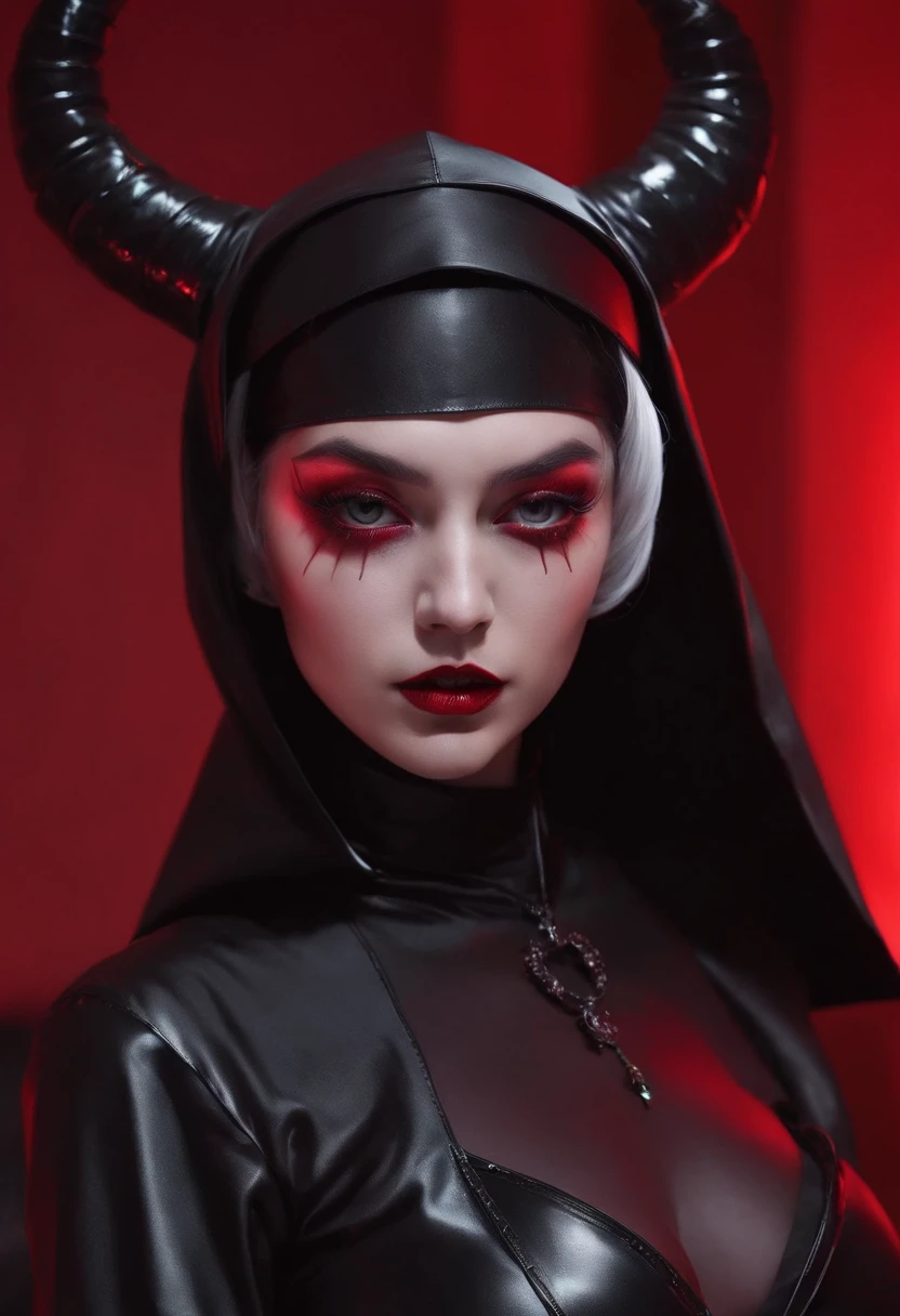 Sexy demon nun dressed in latex lingerie posing for a photo, red neon lights, red background, darksynth aesthetic, fetish fashion aesthetic, perfect body, sexy nun, demon woman, gothic fashion, goth aesthetic, vampire aesthetic.