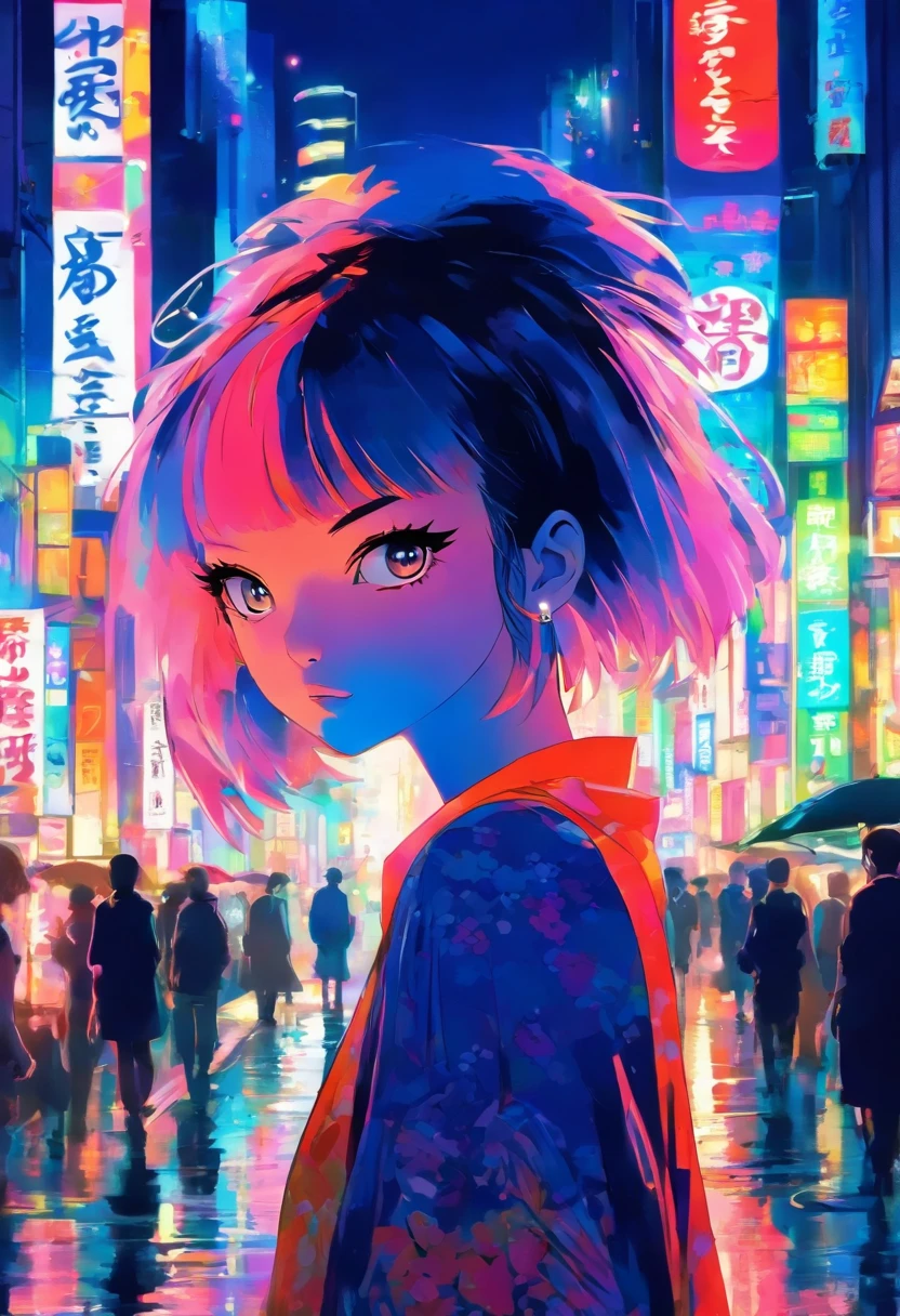 Set the scene in a cool urban night setting of a Japanese city. The cityscape should be vibrant and buzzing with life, showcasing neon lights and tall buildings.
In the foreground, feature a girl with a direct gaze, ensuring her eyes are focused straight ahead.
She should be wearing a hat and have a short haircut.
The illustration style should resemble that commonly found in Japanese manga, with intricate details and a heavy influence of Japanese subculture.
Make the colors of the image rich and vivid, emphasizing the colorful city lights and the girl's outfit.
The overall image should exude a strong influence of Japanese subculture, possibly including elements like anime billboards, street fashion, or iconic landmarks in the background.