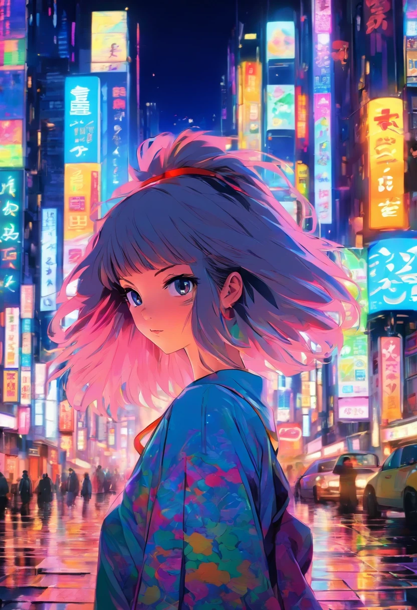 Set the scene in a cool urban night setting of a Japanese city. The cityscape should be vibrant and buzzing with life, showcasing neon lights and tall buildings.
In the foreground, feature a girl with a direct gaze, ensuring her eyes are focused straight ahead.
She should be wearing a hat and have a short haircut.
The illustration style should resemble that commonly found in Japanese manga, with intricate details and a heavy influence of Japanese subculture.
Make the colors of the image rich and vivid, emphasizing the colorful city lights and the girl's outfit.
The overall image should exude a strong influence of Japanese subculture, possibly including elements like anime billboards, street fashion, or iconic landmarks in the background.