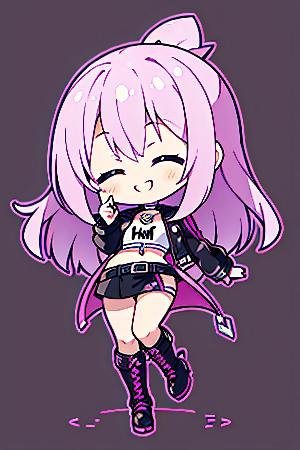 1 girl with purple pink hair, white crop top, and black leather jacket, black mini skirt , high boots, full body, >_<, smiling eyes closed