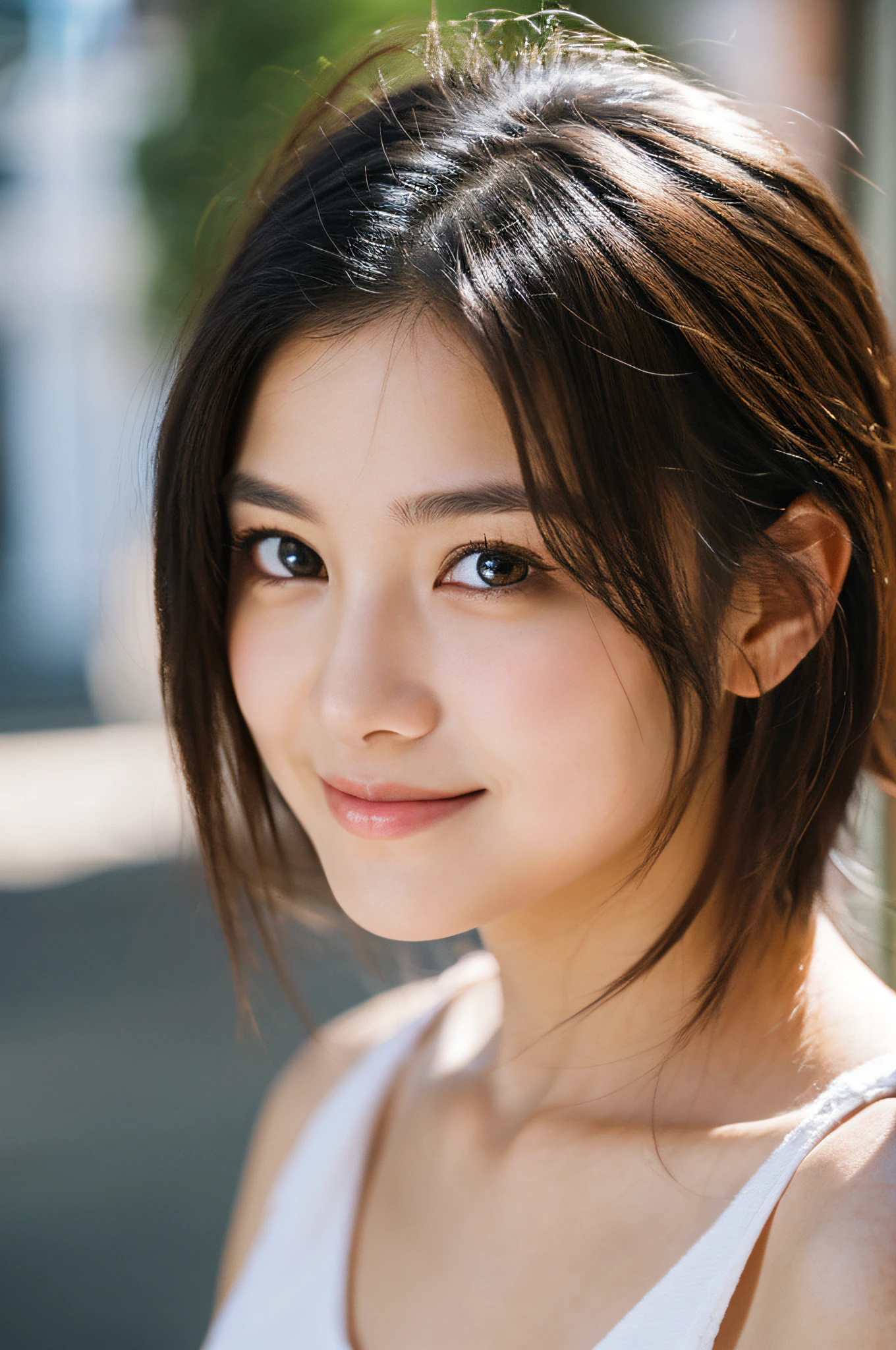Highly detailed CG Unity 32k wallpaper, Realistic , photographrealistic , Raw photo , high-definition RAW color photography , professional photograpy , Best Quality , 超A high resolution , ultra-detailliert , official photo . Break sharp focus , detailed shadow , Soft lighting , Bokeh , bloom , Light from the front , Cinematic lighting , Light on Face , Beautiful lighting , Retro environment , Camera Flash , a polaroid photo , lo fi , Graded Tone , Film grain . adorable girl , kind , grateful , Seductive smile , Natural makeup , Beautiful eyes , Big eyes , Natural eyes . Thin eyebrows . Breaking small breasts . slim . Short stature . Beautiful skin . gleaming skin . Smooth skin . Natural Skin . Break POV . ((close up)) . (Beautiful face) .1a person、 Half body shot,extremely detailed cute girl,(20yr old)、