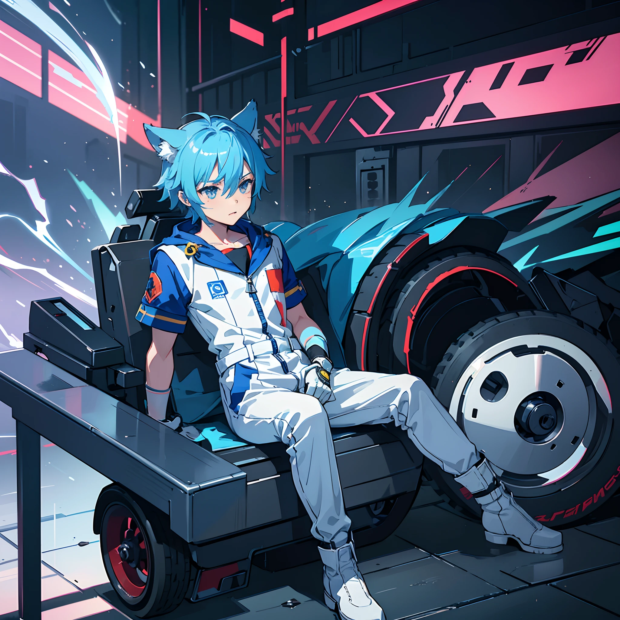 Game CG，8K quality，(( boy))，Feelings of childhood，Anime male protagonist，wolf ears，Beast tail，two legs，Pain and despair，，，Locomotive goggles，pure，White and blue racing jumpsuit，The crotch is bigger，White fingerless gloves，Racing boots，full body portrait，Defeated，gave in，damaged clothes，car damage，sit on the floor，is powerless，Fear，sad