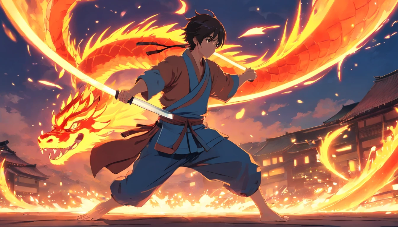 a ninja who was pierced by a katana through his stomach, indicating that the ninja lost, behind him was a fiery dragon