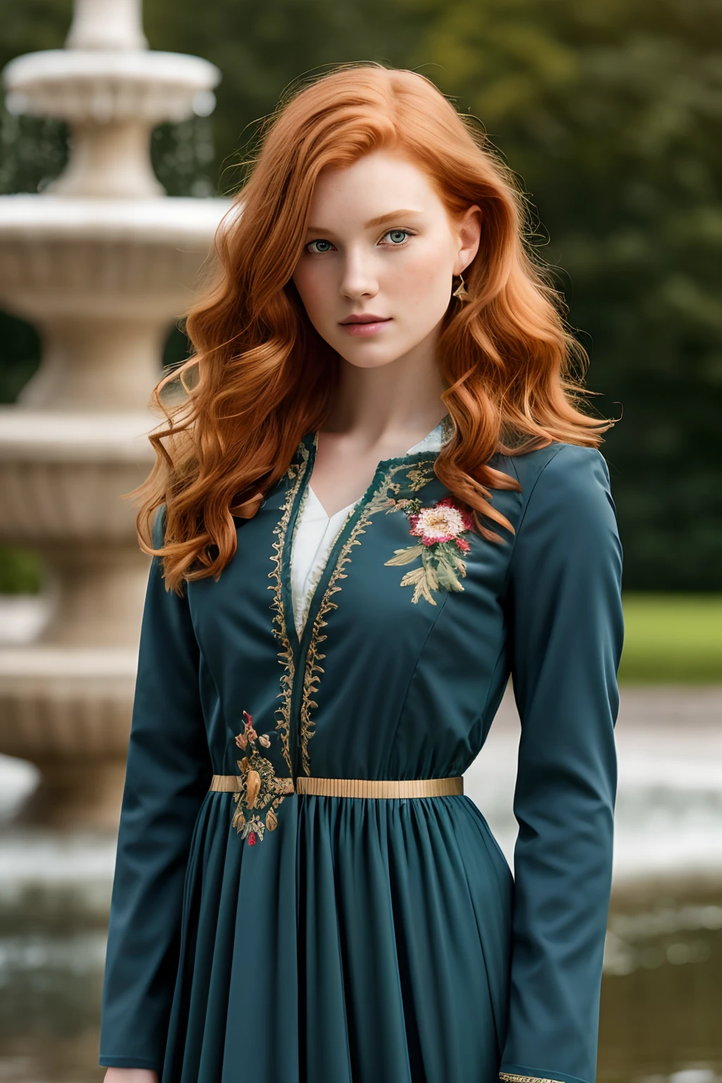 1girl in, age19, Solo, Aesthetic artwork, irish redhead, wavy ginger hair, shoulder length ginger hair, (gray eyes), light grey eyes, some small freckles, pale skin, A-cup, small breasts, runners body, detailed skin texture, in a city park, standing by a fountain, full body, looking at viewer, (extremely detailed 8k wallpaper), soft lighting, high quality, film grain, Fujifilm XT3 sharp focus, f 5.6, 50mm, High Detail, Sharp focus,(natural light), (wearing a navy blue khaki jacket), (Emerald green elegant dress), crushed velvet dress, (full length dress), gold embroidery, (embroidery on chest), princess Fiona, crazy details, complex details, hyper detailed