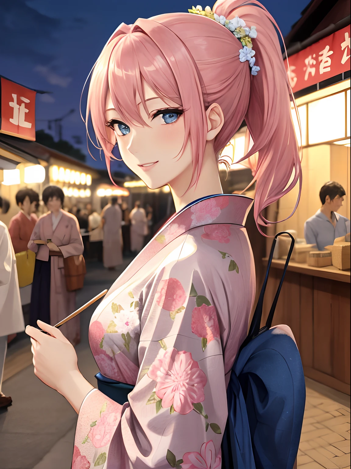 masterpiece:1.2, best quality, ((ultra detailed)), high resolution, 2d, anime style , photo, photography, detailed background, ((pink hair,medium hair,low ponytail,medium breasts)) BREAK solo,(droopy eyes:1.3),fourty years old, (sexy woman, tall face, tall female)), ((slender blue eyes;1.2)), BREAK floral printed kimono,yukata, Bon festival, Summer festival, smile, Row of stalls, way home, night, firework,background BREAK pastel colors:1.4, solid paint:1.2, saturated color, contour