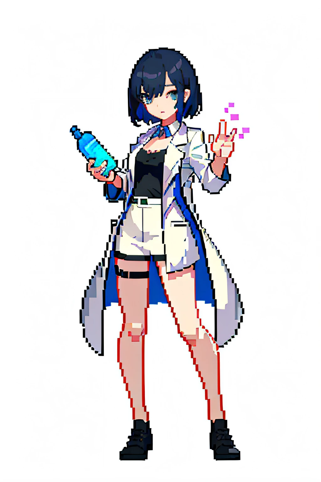 (masterpiece, top quality, best quality, less detail, 8-bit color), pixel,pixel art,1girl,full body, long lab coat, bra on top, short pant, ilde pose, attack pose, standing pose, hand holding bottle in lab, simple eyes color, limit eyes color