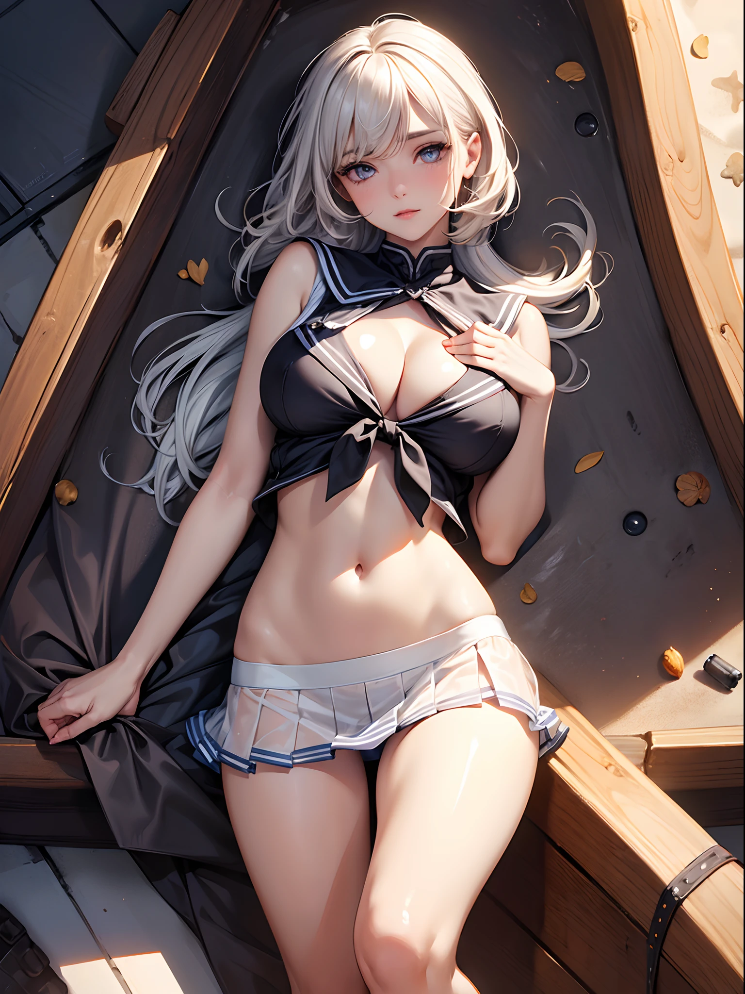 (((toppless))), (((Show off ))), (((Showing off the legs of the spread tread))), (((large full breasts))), (((show off cleavage))), extremely detailed CG unified 8k wallpaper, very fine 8KCG wallpaper, (masterpiece, Best Quality), High resolution, Ultra-detailed, ultra-sharp, 1 girl, full ,Naked, in beach, ((( Light sailor shirt, Sleeveless, Open front))), (((Navel ))), (((Sheer Micro Mini Skirt))), (Beautiful face, Cute face, Detailed face), (((Detailed beautiful eyes))), BREAK, (((Sunny))), Perfect Eyes Eyes