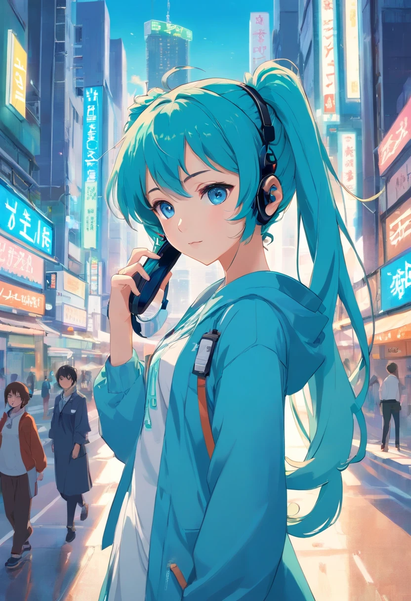 Wearing near-future headphones、long-haired of blue color、double ponytail curls、Clear blue eyes、White Lolita、Beth、A bustling cityscape of the near future miku hatsune