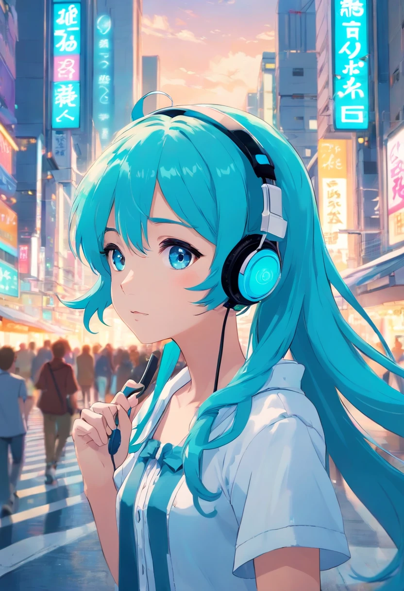 Wearing near-future headphones、long-haired of blue color、double ponytail curls、Clear blue eyes、White ta、Beth、A bustling cityscape of the near future miku hatsune