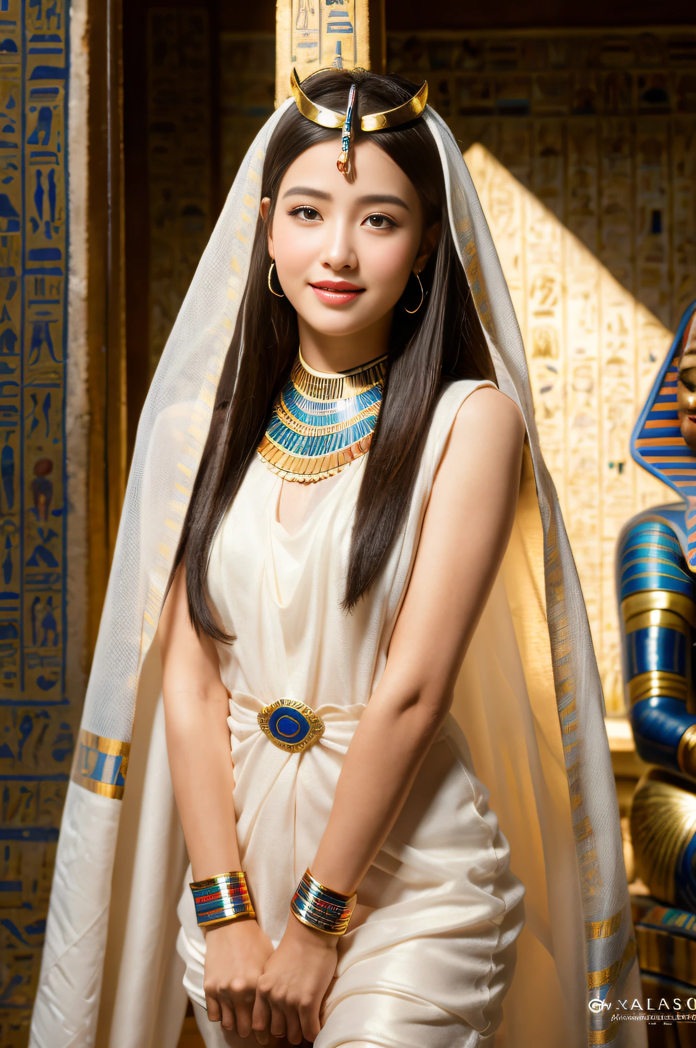 (((ancient egyptian Kalasiris))),(((ancient egyptian queen headpiece))),(((bib necklace))),(((bare inner thigh))),(((bangle))),(((ancient egypt traditional white sheer fabric cape))),ulzzang-6500-v1.1, (Raw photo:1.2), (Photo realistic:1.4), a beautiful detailed girl, extremely detailed eye and face, beautiful detailed eyes, ultra-detailed, High resolution, top-quality, masterpiece, highly detailed, 8k wallpaper, Wonderful, finely detail, top-quality, Light on the face,电影灯光,1girl in,(ancient egypt pyramids and sphinx),Beautiful eyes,smile,Opening Mouth