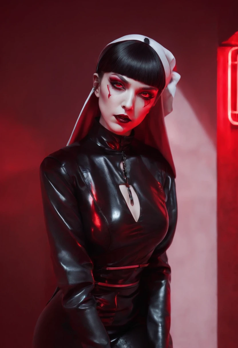 Sexy demon nun dressed in latex lingerie posing for a photo, red neon lights, red background, darksynth aesthetic, fetish fashion aesthetic, perfect body, sexy nun, demon woman, gothic fashion, goth aesthetic, vampire aesthetic.