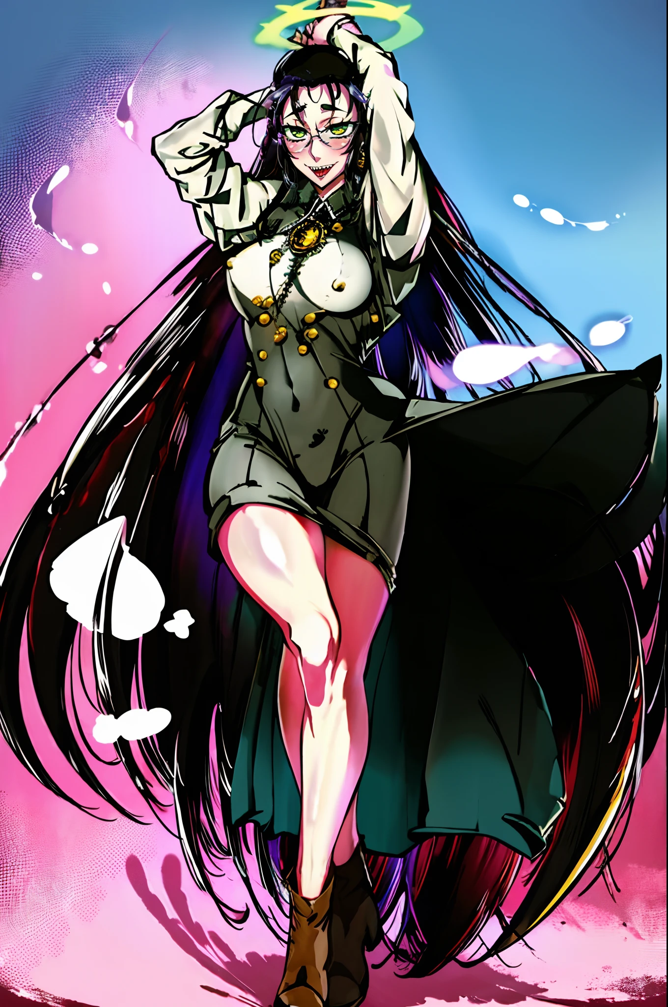 Rip Van Winkle, Hellsing Ultimate,full body, walking, divine aura, sun halo, solar halo, long skirt, porcelain skin, ethereal, graceful movement, flowing black hair, radiant beauty, enchanting gaze, serene expression, soft sunlight, angelic presence, celestial atmosphere, mystical background, celestial light, glowing halo, gentle breeze, ethereal glow, captivating aura, divine radiance, natural beauty, sublime elegance, heavenly charm, peaceful countenance, harmonious surroundings, ethereal grace, mesmerizing presence, transcendent allure, magical serenity, serene and majestic, radiant happiness, heavenly enchantment, delicate features, elegant posture, celestial maiden, otherworldly presence, serene and ethereal, divine embodiment, celestial being, spiritual tranquility, mesmerizing beauty, ethereal goddess, radiant purity. Preparing SeaArt Bot Txt2Img Default 21:19:45, green eyes, white robe, large skirt, long skirt, longeyelashes, solid circle eyes, light smile, ear blush, fang, Surrealism, drop shadow, anaglyph, stereogram, tachi-e, pov, atmospheric perspective, 8k, super detail, ccurate, best quality, best quality, high quality, super detail, anatomically correct, retina, UHD, masterpiece, high details, award winning, highres, textured skin, ccurate, venus body,medieval clothing, dark atmosphere, ornate details, dim lighting, dramatic shadows, mysterious aura, intricate lace patterns, porcelain skin, bewitching gaze, elegant posture, majestic presence, flowing silhouette, gothic architecture, candlelit hauntingly beautiful, enchanting presence, ethereal ambiance, alluring expression, intense sensuality, exquisite jewelry, supernatural allure, captivating aura, sensual curves, full body, boots, happy, smile, boots, standing pose, black cape, sharpteeth, pullover, pantyyhose, pants, large skirt, long skirt