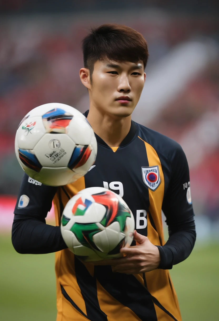 Nationality of the Republic of Korea, Born in 2008, 21 years old, Asian, Central Forward, striker, Face only, Frontal photo, Big stature