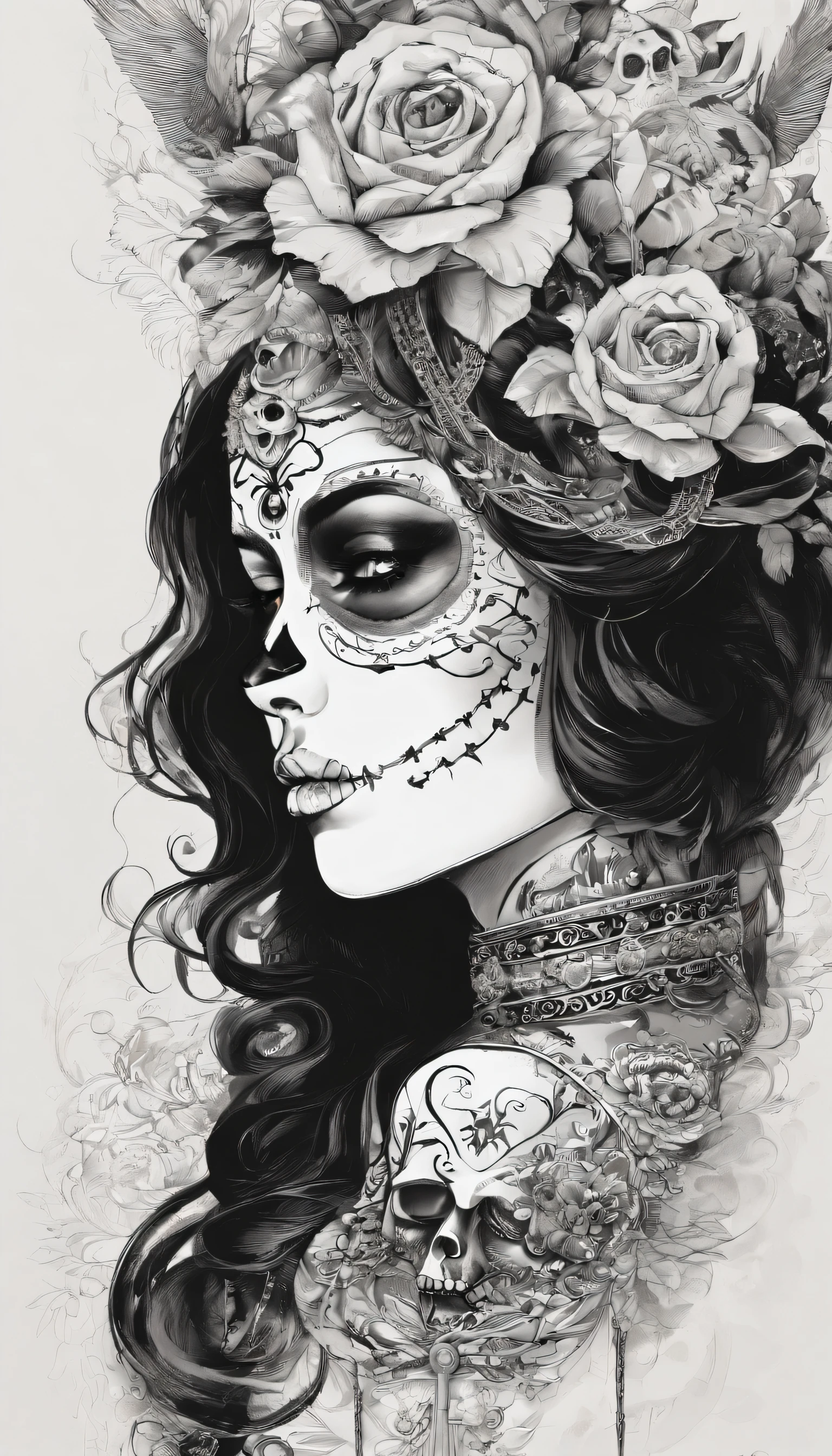 Beautiful Día de los Muertos Sugar Skull Latina with black and white makeup and a skull face paint, gothic face, highly intricate voodoo makeup, portrait of a sugar skull, dia de los muertos. Masterpiece, 3/4 angle view, photorealistic, insanely detailed, best quality, intricately detailed, super-fine details, monochrome. Inspired by artgerm, mcbess, Yoji Shinkawa