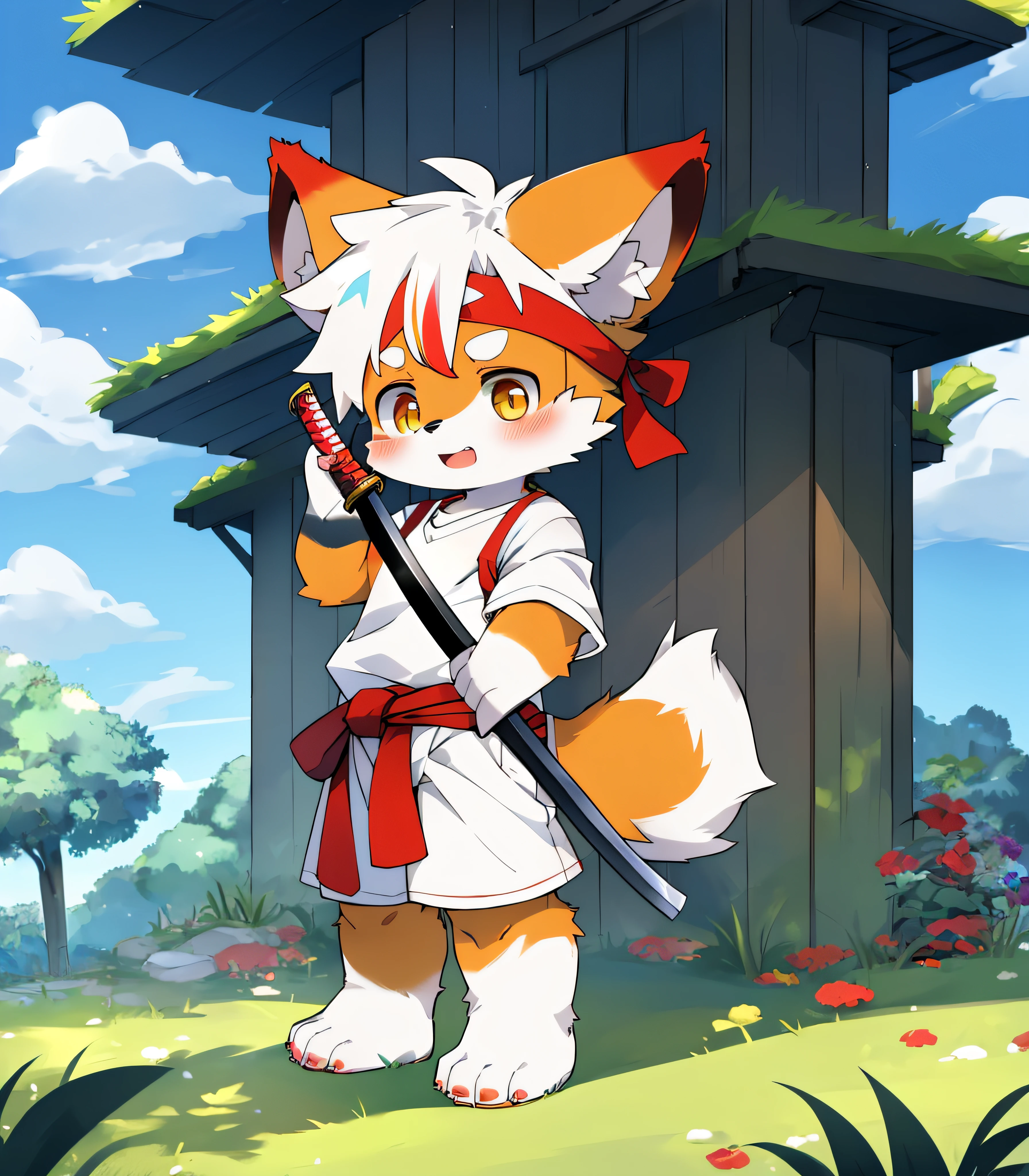 class:Red panda,Red panda,Red panda teenager,Red Panda Boy,Colorful fur,Sharp ears,Colorful fur,Colorful skin,Beast too,Orc little boy,grassy fields,lawns,standing on your feet,Attention,blue-sky,shaggy,shaggy,Colorful fur,Colorful fur,Colorful fur,Colorful fur,male people,canid,adolable,adolable,adolable,solo person,Colorful fur,Golden eyes,Thick eyebrows,Fluffy tail,white short sleeve,short white pants,ultra - detailed:1.0,Libido boy,ddlers,tolers,toddrs,Children,children's,Gamine,Beast too,Beast too,Beast too,adolable,adolable,younge boy(Via Dagasi:1.1),anatomy correct,Barefoot paws,Barefoot paws,standing on your feet,Attention,bald-headed,bald-headed,balding,balding,Colored paws,Stand on the lawn,standing in grassy field,Stand on the lawn,red waistband,Red headband,Blood,A child with a katana in his hand,A child with a serious expression,Colorful fur