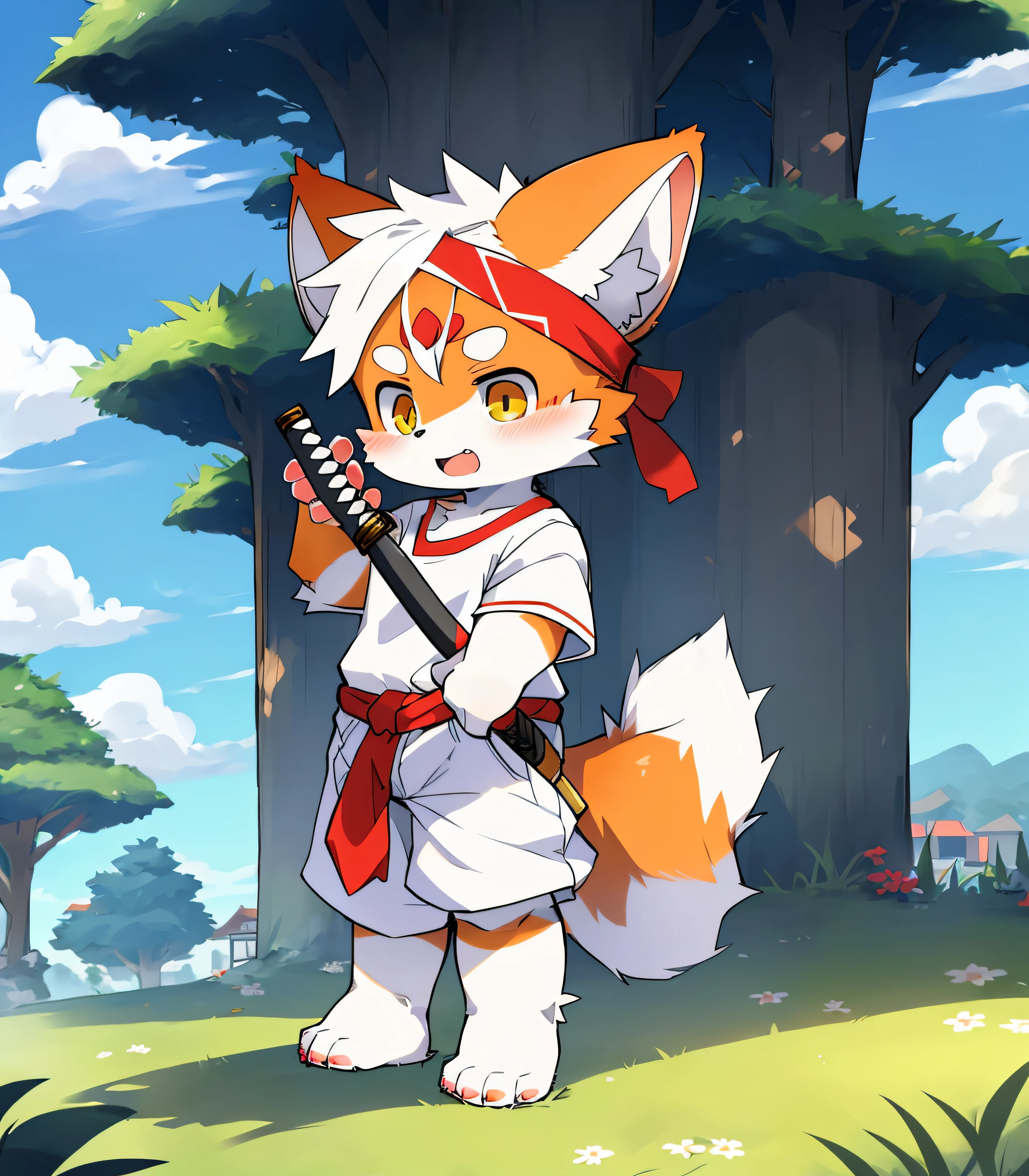 class:Red panda,Red panda,Red panda teenager,Red Panda Boy,Colorful fur,Sharp ears,Colorful fur,Colorful skin,Beast too,Orc little boy,grassy fields,lawns,standing on your feet,Attention,blue-sky,shaggy,shaggy,Colorful fur,Colorful fur,Colorful fur,Colorful fur,male people,canid,adolable,adolable,adolable,solo person,Colorful fur,Golden eyes,Thick eyebrows,Fluffy tail,white short sleeve,short white pants,ultra - detailed:1.0,Libido boy,ddlers,tolers,toddrs,Children,children's,Gamine,Beast too,Beast too,Beast too,adolable,adolable,younge boy(Via Dagasi:1.1),anatomy correct,Barefoot paws,Barefoot paws,standing on your feet,Attention,bald-headed,bald-headed,balding,balding,Colored paws,Stand on the lawn,standing in grassy field,Stand on the lawn,red waistband,Red headband,Blood,A child with a katana in his hand,A child with a serious expression,Colorful fur