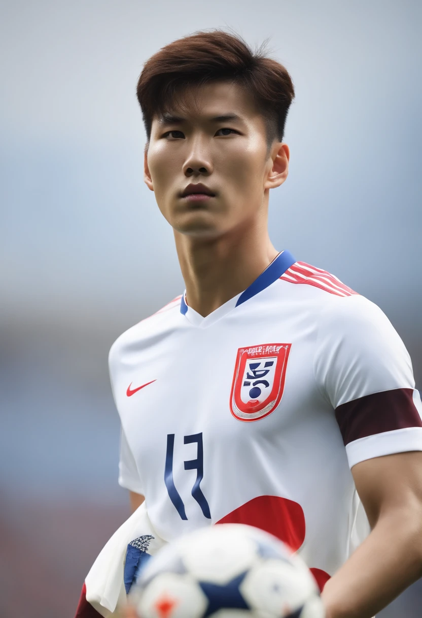 Nationality of the Republic of Korea, Born in 2008, 21 years old, Asian, Central Forward, striker, Face only, Frontal photo, Big stature