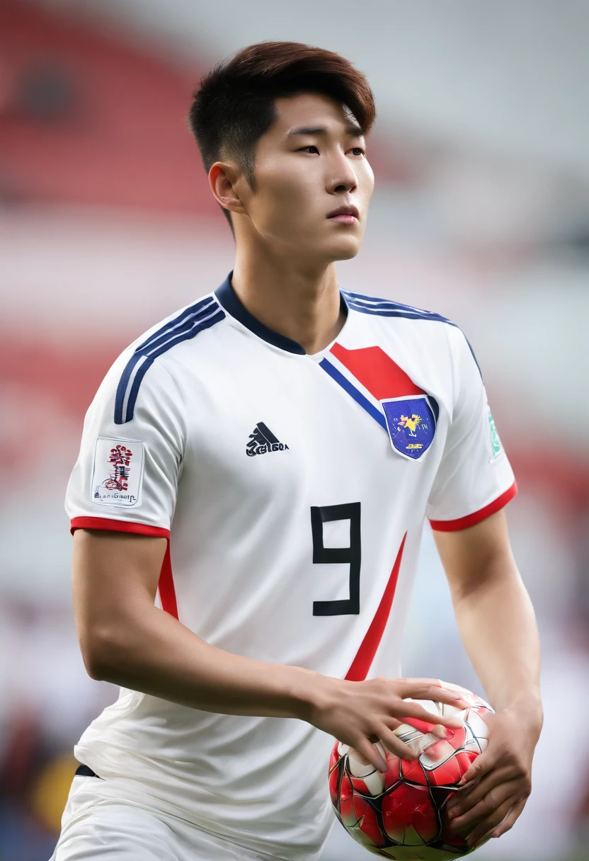 Nationality of the Republic of Korea, Born in 2008, 21 years old, Asian, Central Forward, striker, Face only, Frontal photo, Big stature