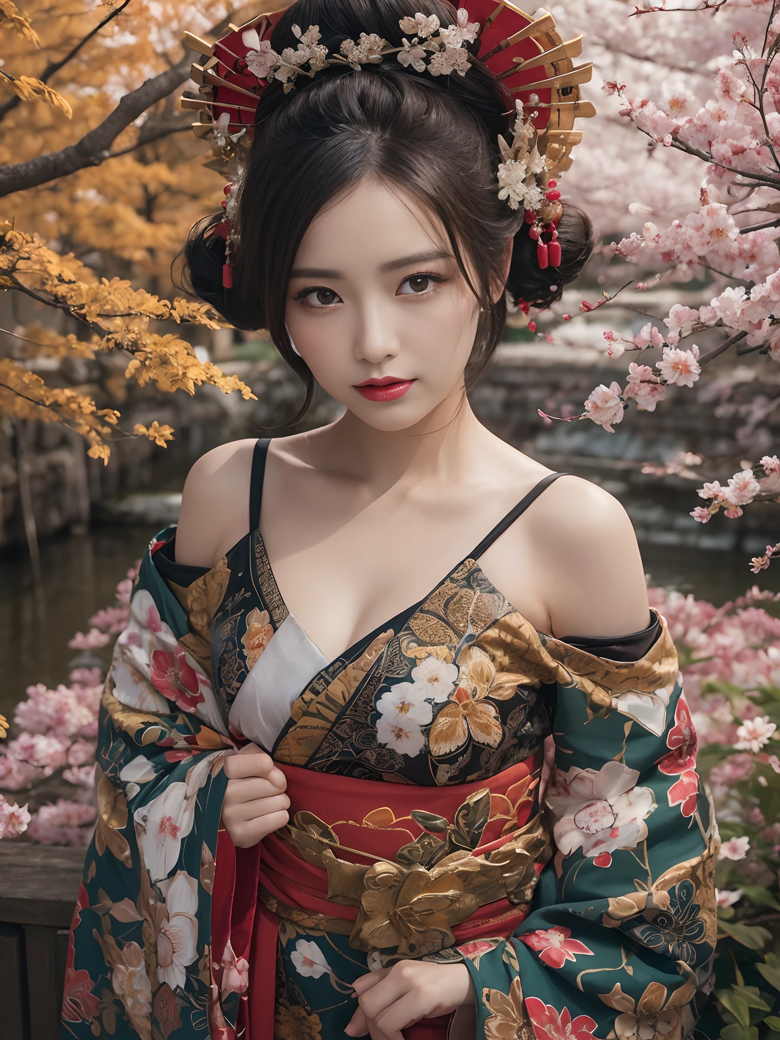In a futuristic scene, Geisha in Japan with mechanical reinforcement、Elegant in elaborate gardens. She has beautifully detailed eyes and lips that complement her face. Geishas wear traditional kimonos with intricate patterns and designs. Around her are bright cherry trees and a quiet carp pond. The scene is painted with a blend of illustration and photorealism, Ultra-detailed brush strokes and clarity, Vivid colors. Lighting emphasizes the elegant features of the geisha, Gives her porcelain skin a soft glow. Artwork is of the highest quality, 4K or 8K resolution, Showcase the intricate details of geisha attire, cherry trees, And the shimmering scales of carp. The overall color scheme is、It is a combination of traditional shades of Japan, Crimson, etc., blacks, and subtle gold accents, With a futuristic twist. The fusion of ancient traditions and modern technology is、Create captivating and visually striking masterpieces.shoulders are exposed, Chest is visible、You can see the valley、are visible、Shoulders exposed、Chest revealed
