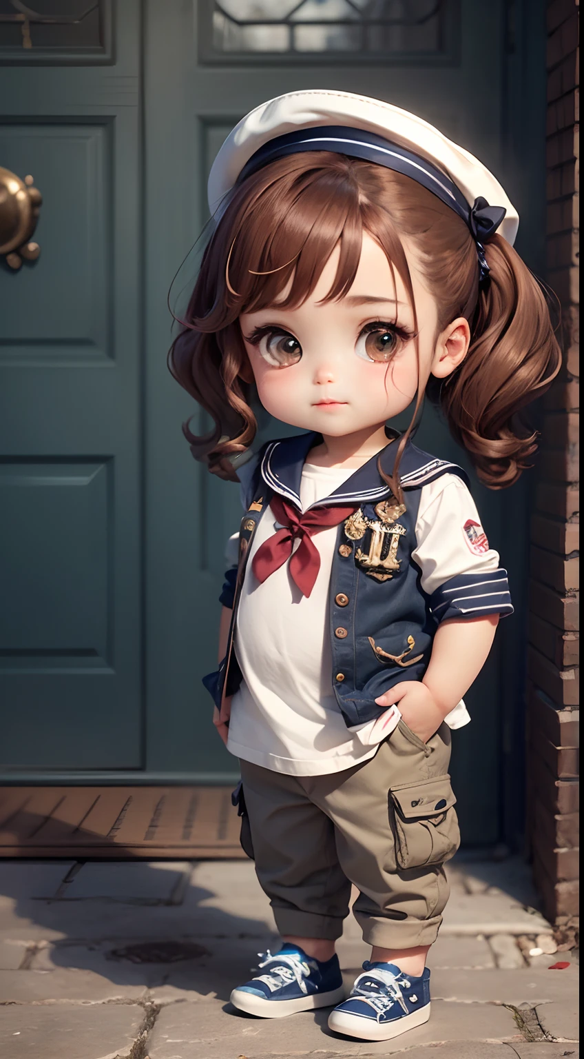 Create a series of cute baby chibi style dolls with cute sailor theme, Each of them has many details and 8K resolution. The background follows the instructions of the port city、Must be complete within the image, appearing (full body Esbian, Including feet: 1.5)

Mini Sailor Doll: She must have reddish-brown ponytail hair. Your eyes should be large, reddish-brown and expressive, with long eyelashes and rosy cheeks,,. Delicate white smile. You must wear a marine shirt, tshirts, Trousers and ornate sailor's hat. She must have navigation accessories. Add details to your clothes, buttoning, pockets, etc., Cute shoes

Be sure to add shadows, Hair texture and details, vestments, Safari equipment, To make them even more adorable and attractive.