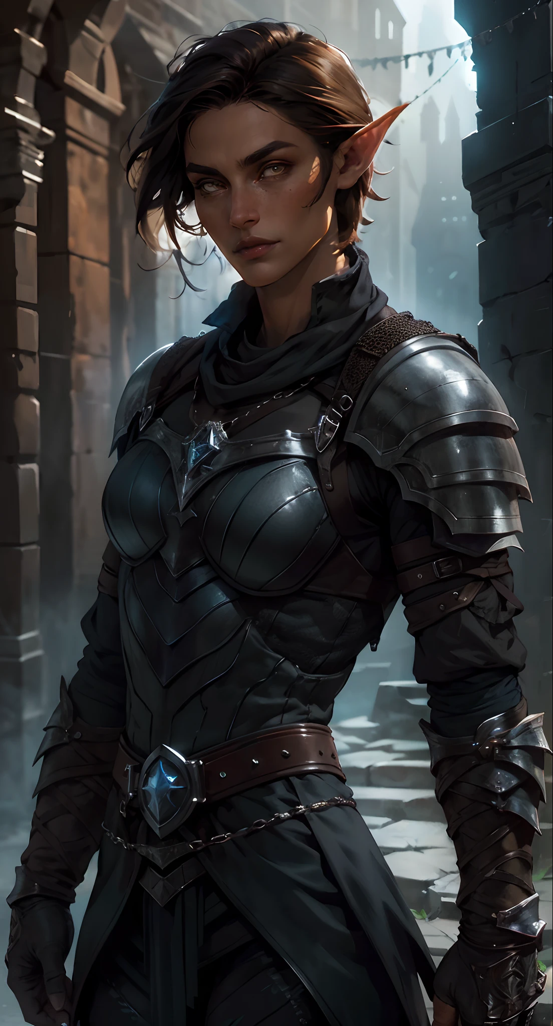 fentezi, Dark Dungeon, City Ruins, Darkness, chain mail armor, black leather pants, high boots, Silver Bracers, Two-handed hammer in hand, dark fantasy mixed with realism, Photos in RAW and 35mm format, Rich, Deep Colours, (intricate details:0.9), (HDR, hyper-detailing:1.2), (natural skin textures, hyper realisitc, soft light, Sharp),