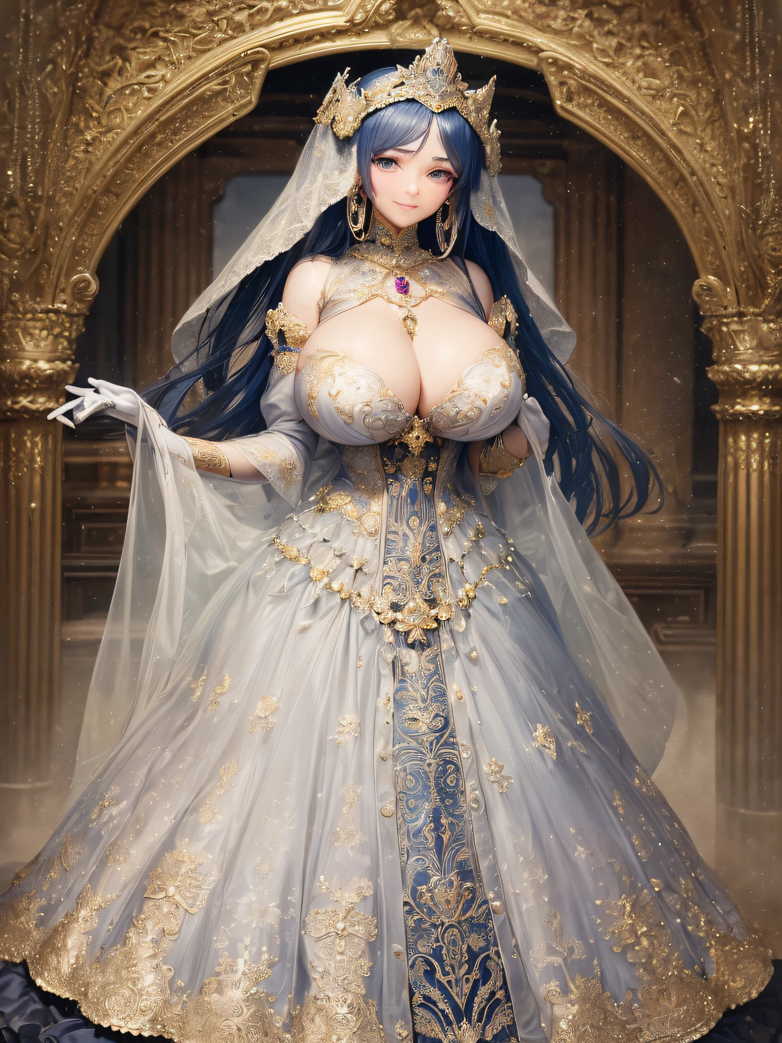 ((anime artstyle)),(Masterpiece),(Best Quality), (Super Detail),(Highly Detailed CG Unity 8k wallpaper),((Very Delicate and Beautiful)),1 lady,((full body portrait)),((standing in garden)),((solo)),(((1 princess in gorgeous embroidery and jeweled extremely gorgeous rococo princess ballgown with voluminous full length hoop skirt))),(((huge crinoline hoopskirt))),long train,((gorgeous embroidery and jeweled)),voluminous frills,See-through,(((extremely gigantic tits,skindentation))),cleavage,((absurdly Long Straight Hair,extremely voluminous Straight long Hair,absurdly Long Straight Hair)),(finely detailed face and eyes),((seductive smile,embarrassed)),clear pupil,extremely gorgeousfull hair ornament,(bling-bling jeweled extremely gorgeousfull tiara),((bling-bling gorgeous gemstone jewelry)),gorgeous long veil,((ultra long gloves)),(beautiful background),(full body),((gorgeous embroidery and jeweled extremely gorgeous rococo princess ballgown with voluminous full length hoop skirt))