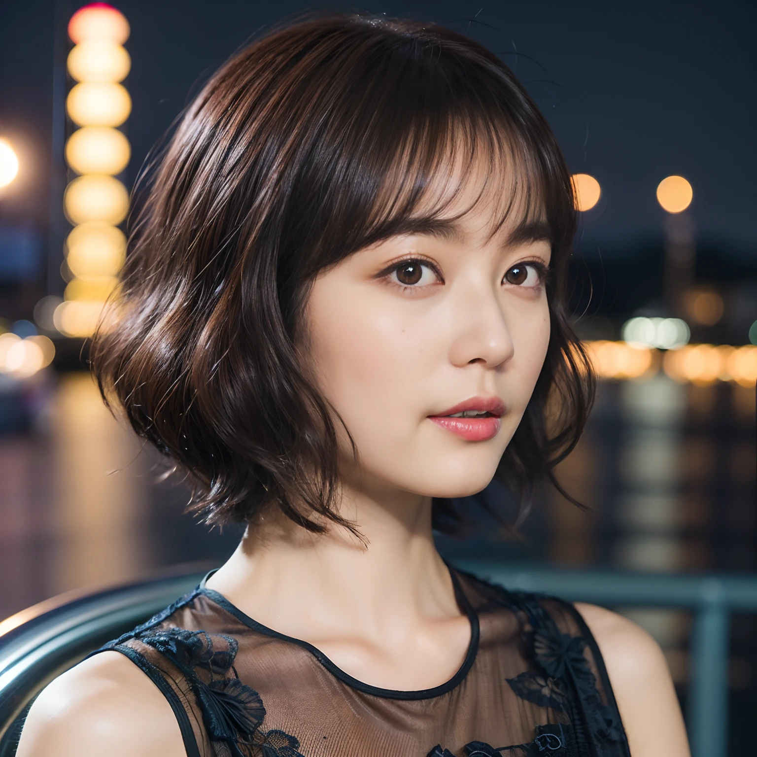 40
(Airy wavy short bob cut:1.23), (a 25yo woman), (A hyper-realistic), (masutepiece), (8KUHD), Being in the harbor at night