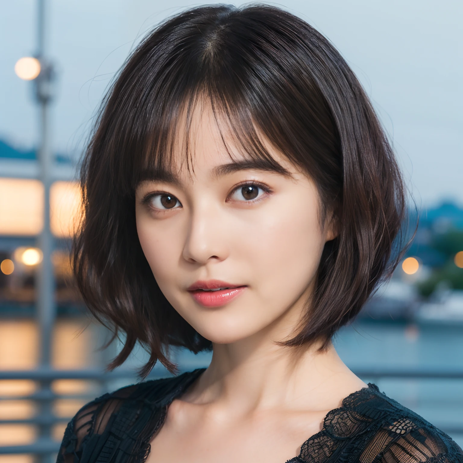 40
(Airy wavy short bob cut:1.23), (a 25yo woman), (A hyper-realistic), (masutepiece), (8KUHD), Being in the harbor at night